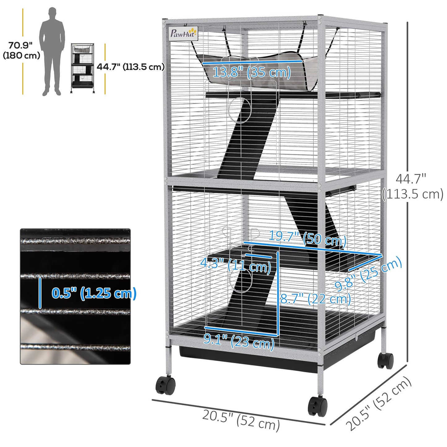 PawHut 4-Tier Rolling Small Animal Cage, Deluxe Guinea Pig Cage, Ferret Cage for Mink Chinchilla Kitten Rabbit, Small Pet Play House with Hammock Platform, Ramp, Removable Tray, Silver Grey