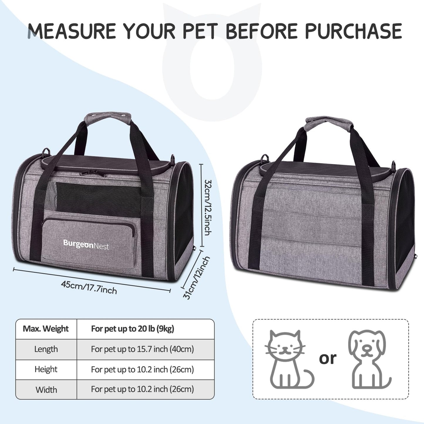 BurgeonNest Dog Carrier for Small Dogs and Large Cats Under 20 lbs, Medium Cats 25 lbs, and with Unique Side Bag,Top Load Pet Carrier Soft-Sided Escape Proof with 4 Ventilated Windows
