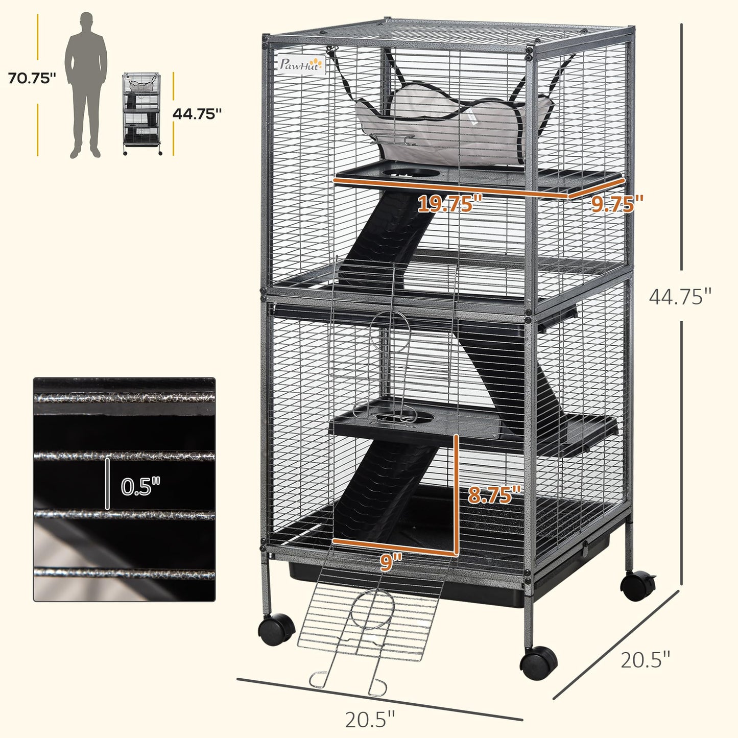 PawHut 4-Tier Rolling Small Animal Cage, Deluxe Guinea Pig Cage, Ferret Cage for Mink Chinchilla Kitten Rabbit, Small Pet Play House with Hammock Platform, Ramp, Removable Tray, Silver Grey