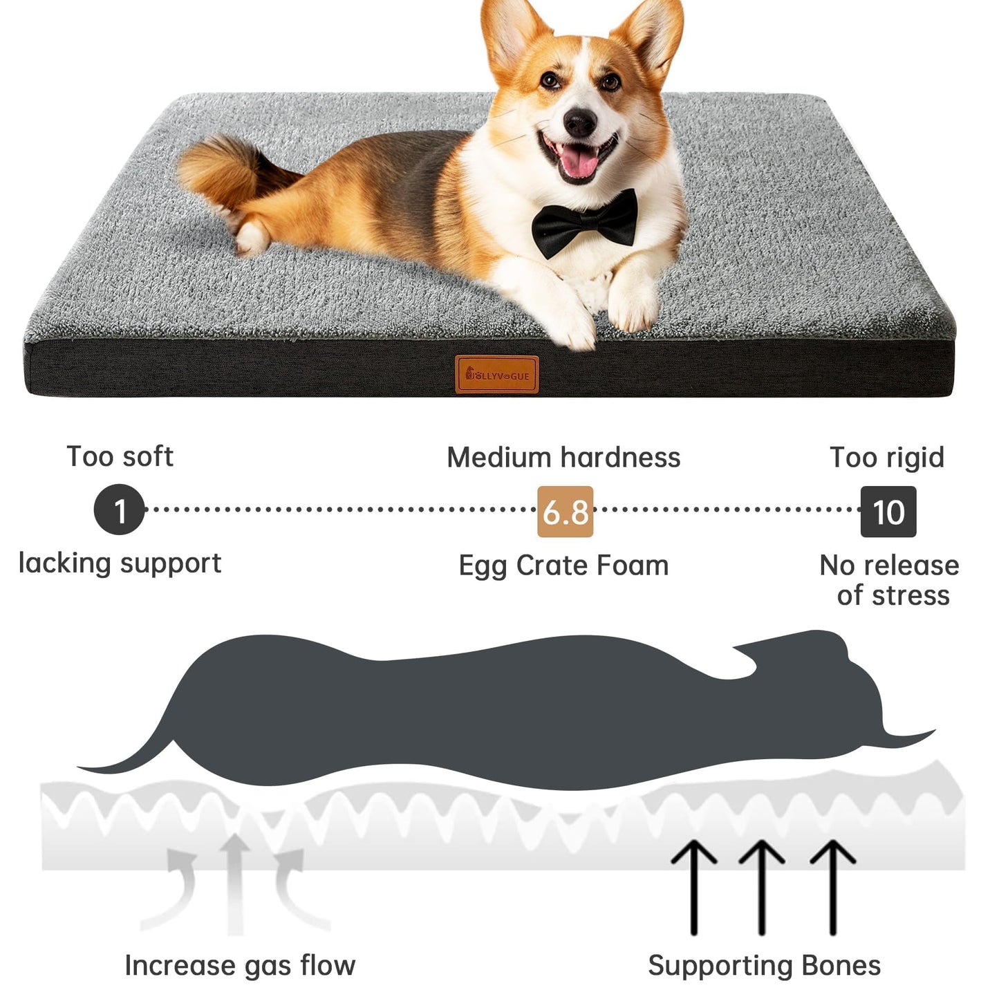 JOLLYVOGUE Dog Bed Large, Orthopedic Dog Bed Support Egg Crate Foam Dog Beds, Soft & Cozy Pet Bed Mat with Removable Washable Cover (Large, Dark Grey, Up to 75 lbs)