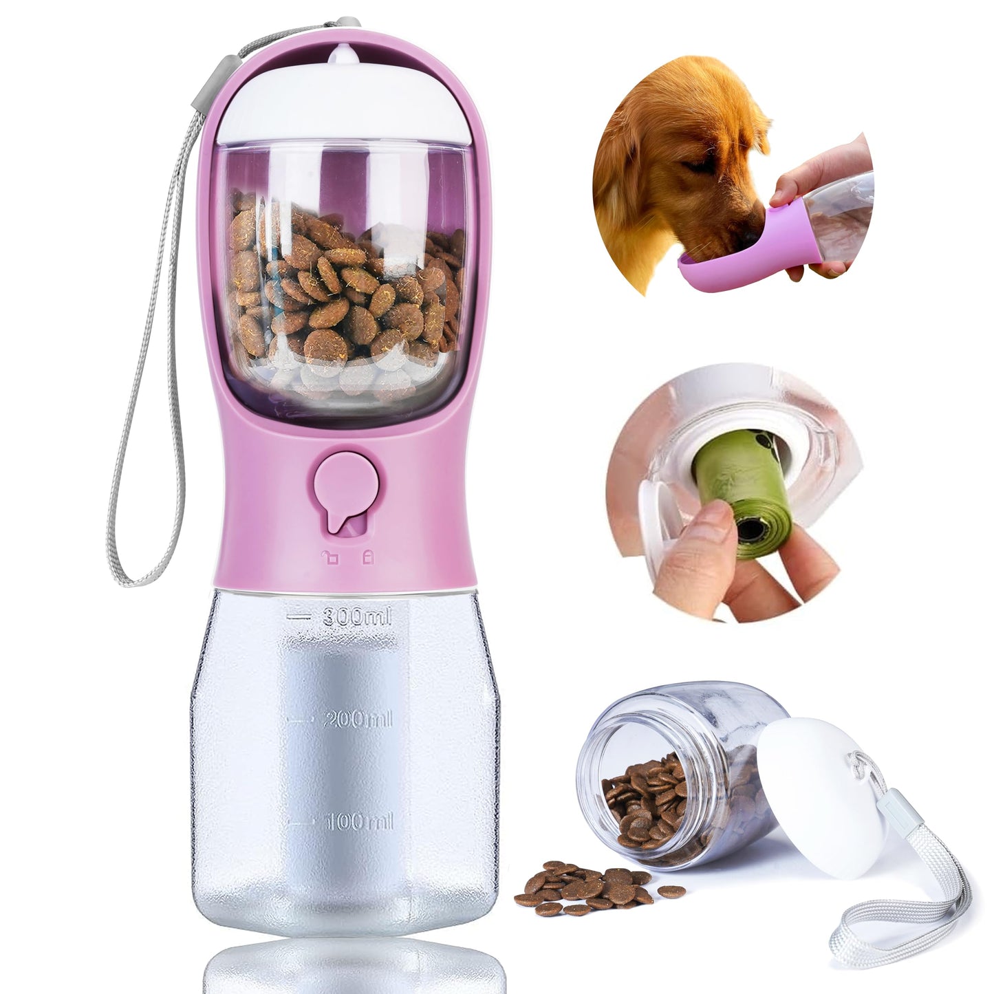 AVELORA Dog Water Bottle with Food Container, Portable Pet Dog Water Dispenser for Outdoor Walking,Hiking,Travel,Puppy Essentials,Puppy Supplies,Replaceable Waste Bags