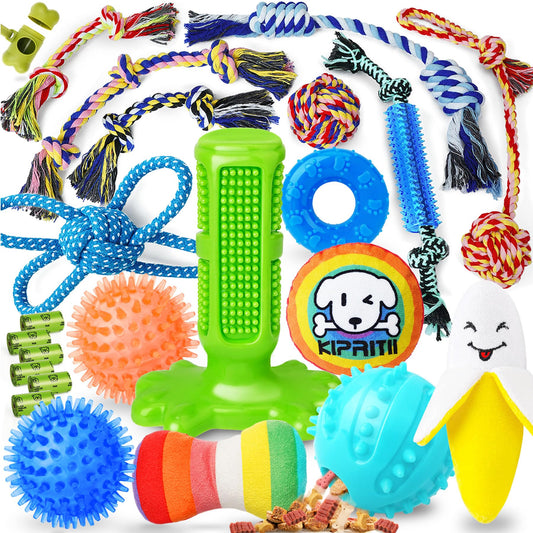 KIPRITII Dog Toys for Puppy Teething - 23 Pack Puppy Teething Toys for Boredom, Pet Dog Toothbrush Dog Toys with Rope Toys, Dog Treat Ball and More Squeaky Toy for Puppies and Small Dogs
