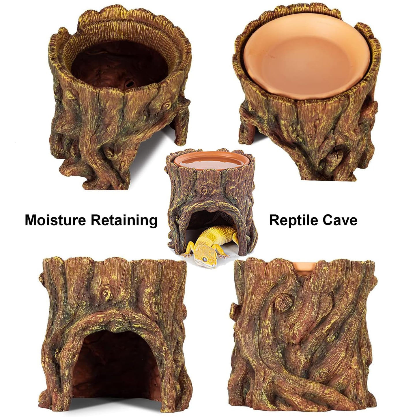 3 in 1 Reptile Hide Cave with Detachable Base & Humidity Dish for Bearded Dragon, Tank Terrarium Decor Humid Hideout for Small Reptiles Crested Gecko, Leopard, Lizard, Snake, Crabs (Hideout 3 in 1)