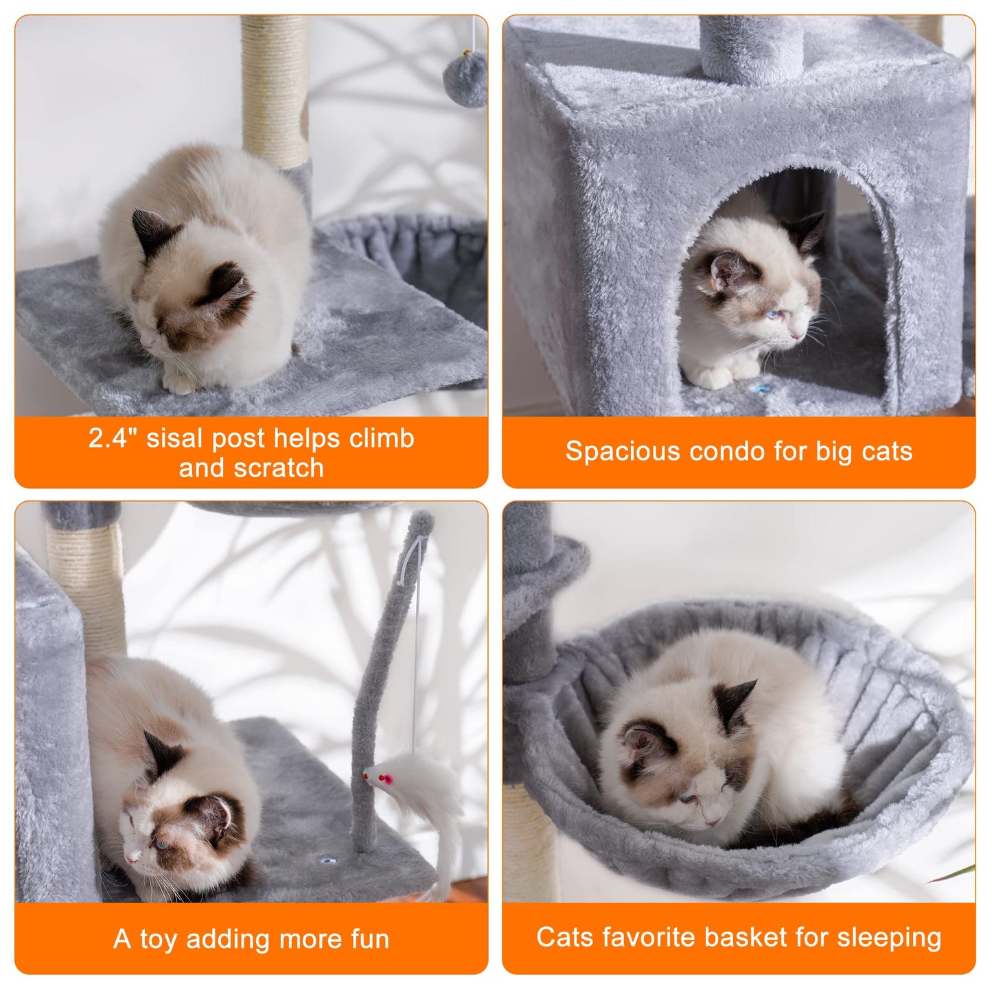 Heybly Cat Tree with Toy, Cat Tower condo for Indoor Cats, Cat House with Padded Plush Perch, Cozy Hammock and Sisal Scratching Posts, Light Gray HCT004SW