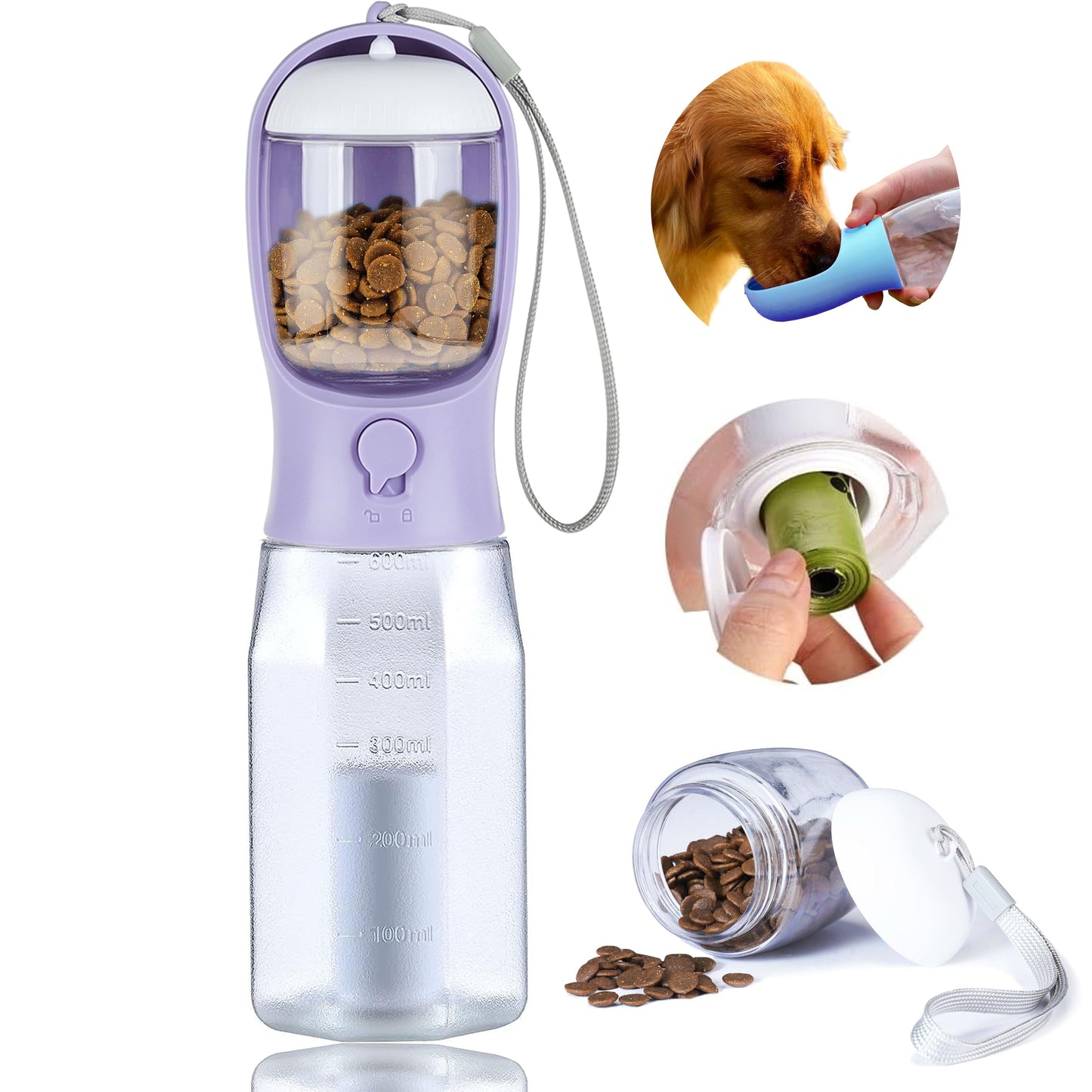 AVELORA Dog Water Bottle with Food Container, Portable Pet Dog Water Dispenser for Outdoor Walking,Hiking,Travel,Puppy Essentials,Puppy Supplies,Replaceable Waste Bags