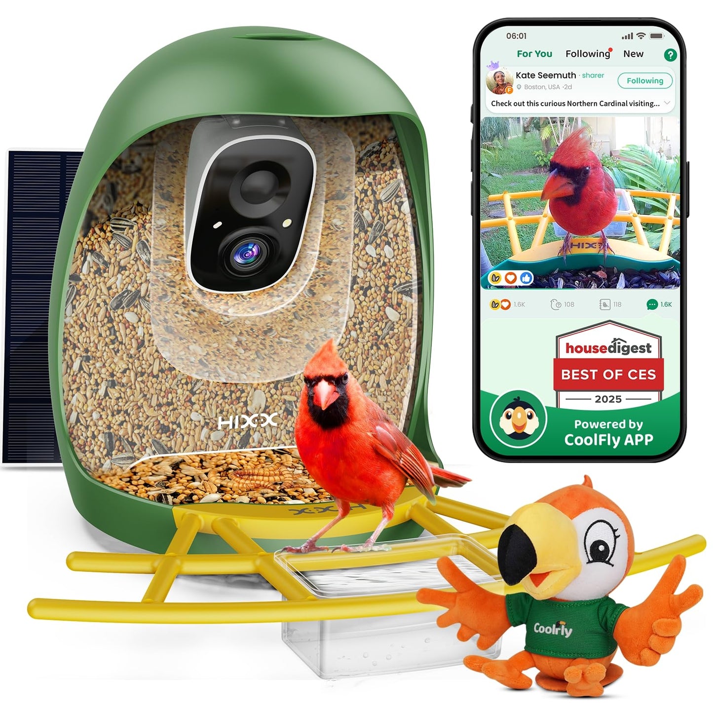 HIXX® Smart Bird Feeder Camera, Lifetime Free AI Bird ID Bird Feeder for Outdoors with Solar Panel, Auto Bird Video Capture & Instant Notifications, Birdwatching Camera with Feeder for Bird Lovers