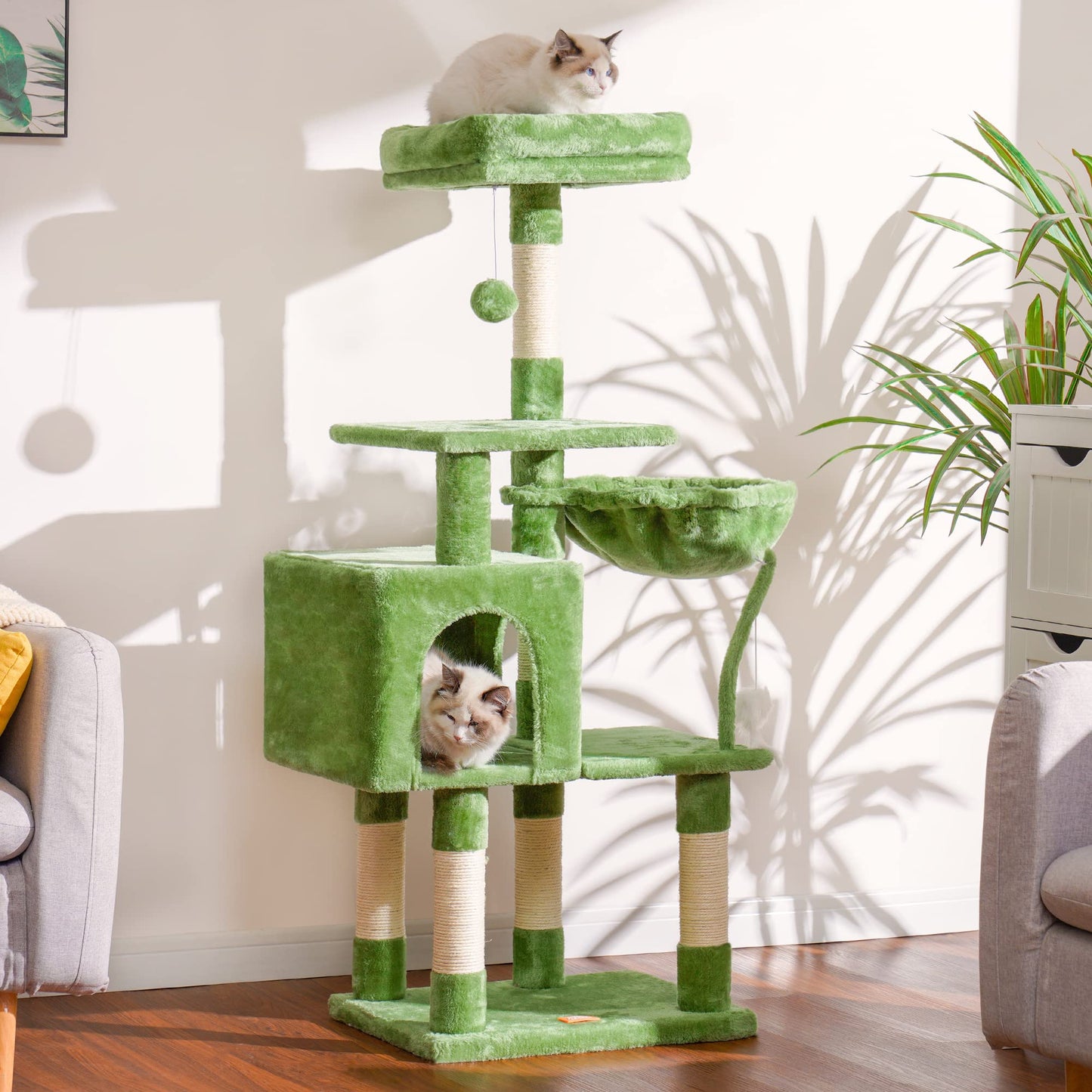 Heybly Cat Tree with Toy, Cat Tower condo for Indoor Cats, Cat House with Padded Plush Perch, Cozy Hammock and Sisal Scratching Posts, Light Gray HCT004SW