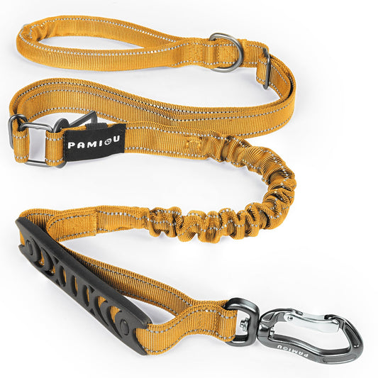 Pamiou Heavy Duty Dog Leash with Strong Lead for Medium to Large Dogs, Shock Absorbing with Bungee Design, Two Padded Handle & Car Seat Belt Buckle, Light Reflective Rope (Black)