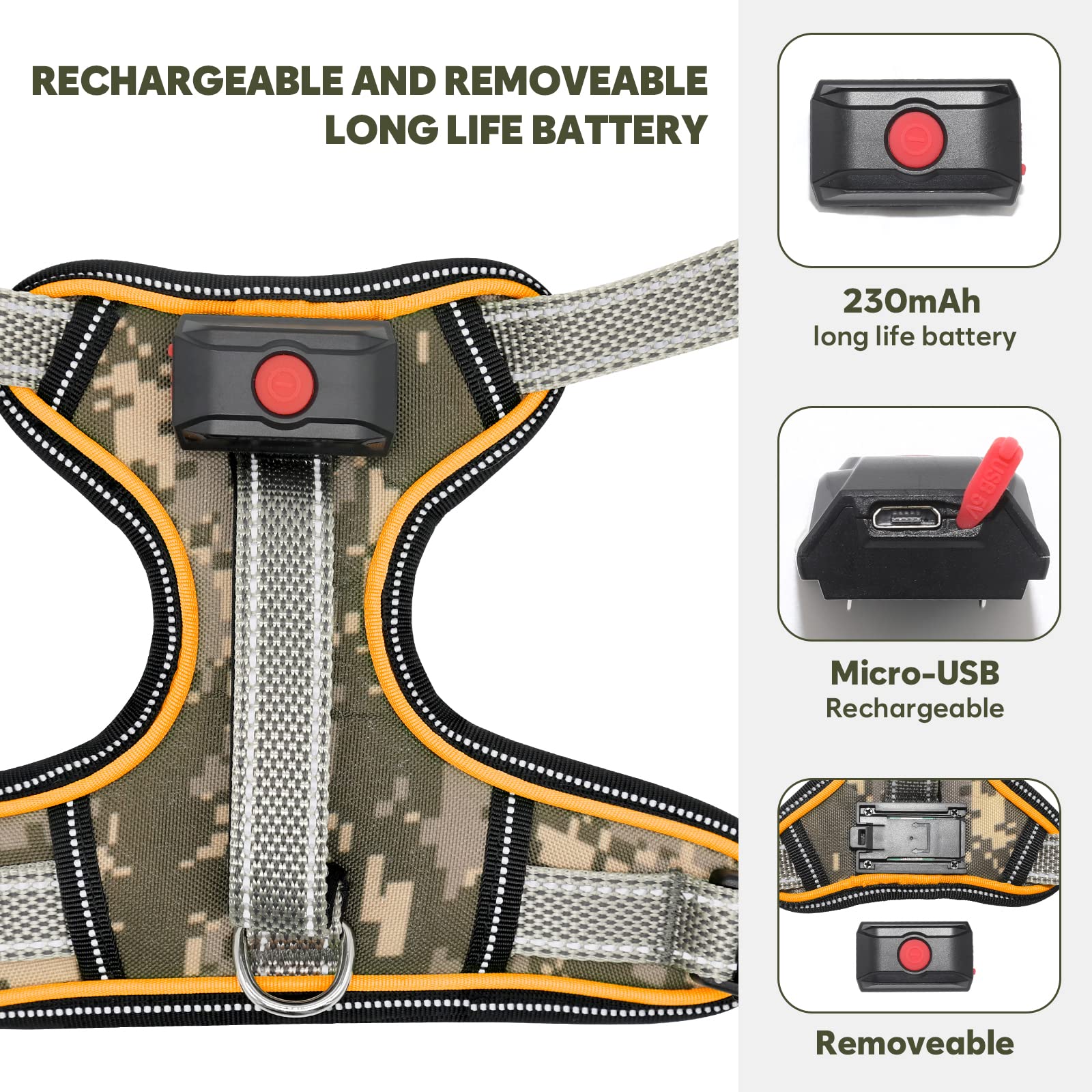 Light Up Dog Harness No Pull, LED Dog Harness with Soft Handle Rechargeable, Lighted Glowing Pet Vest Harness for Large Dogs Night Walking, Reflective/4 Point Adjustable/High Visibility - Orange, L Furr-Reel