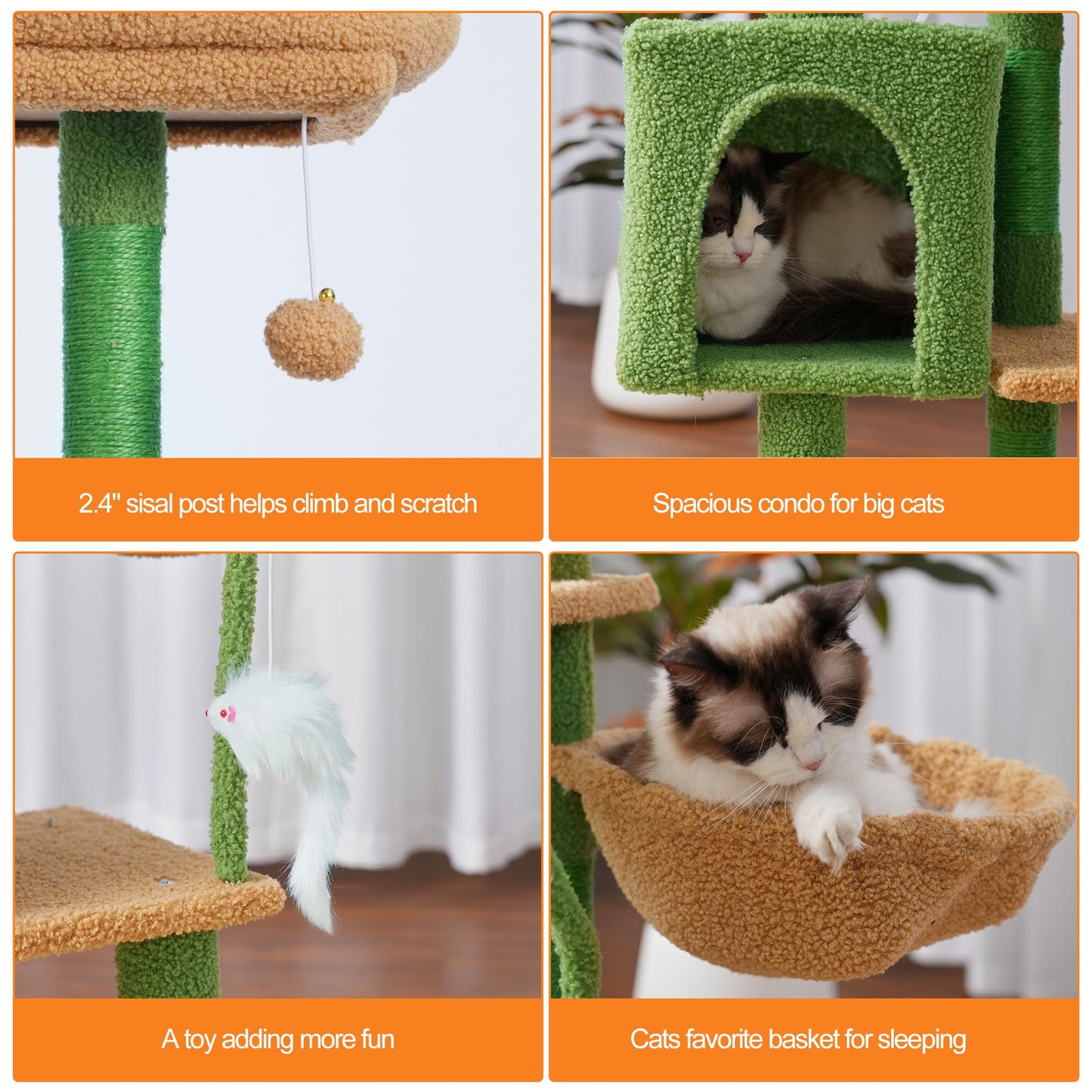 Heybly Cat Tree with Toy, Cat Tower condo for Indoor Cats, Cat House with Padded Plush Perch, Cozy Hammock and Sisal Scratching Posts, Light Gray HCT004SW
