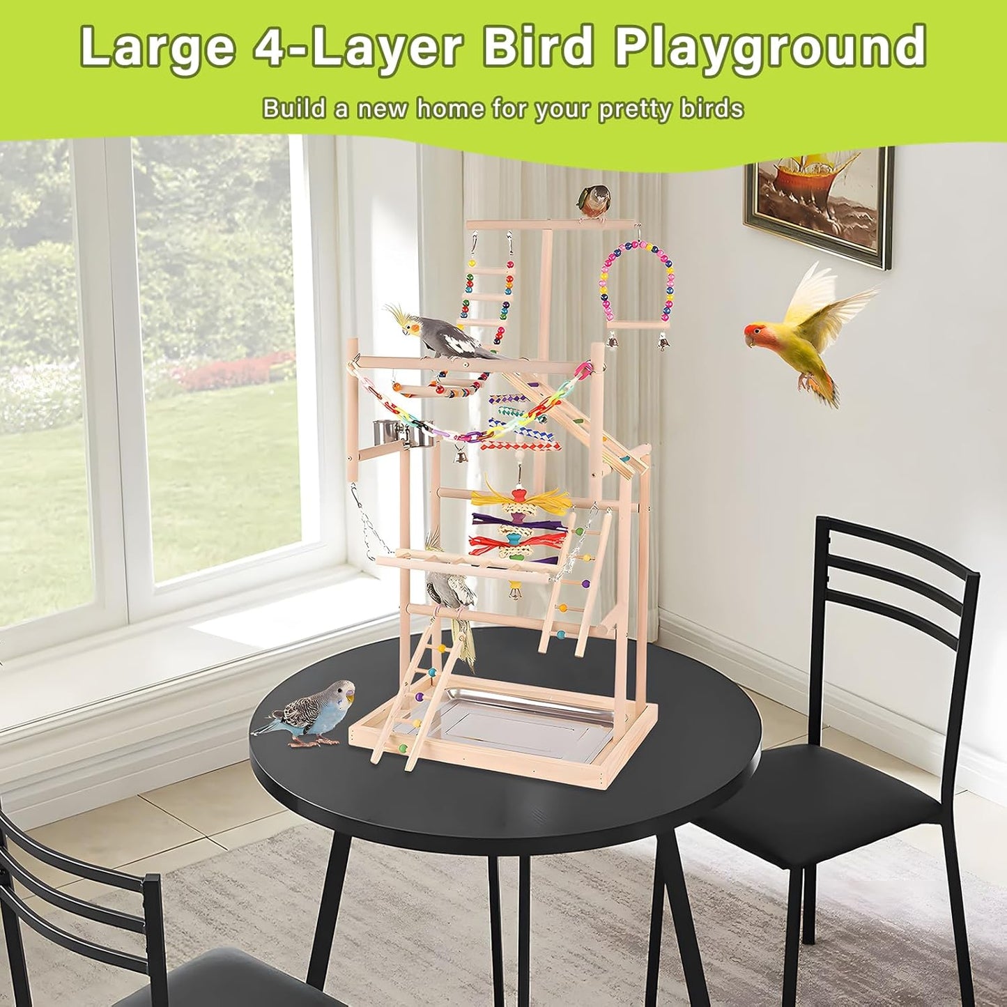 Bird Playground, Bird Stand, Pet Bird Parrot Playground, 4 Layers Pet Parrot Playstand with Exercise Toys Swings Feeder Cups, Bird Play Stand Wood Perch Gym Playpen Ladder for Cockatiel Parakeet Furr-Reel