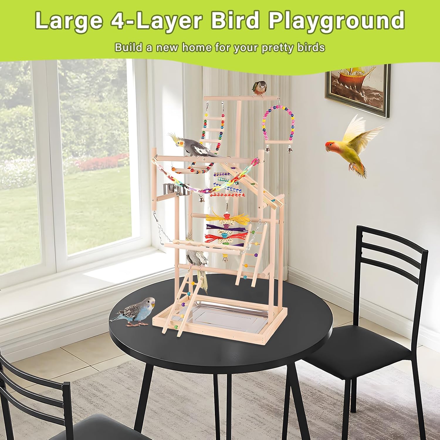 Bird Playground, Bird Stand, Pet Bird Parrot Playground, 4 Layers Pet Parrot Playstand with Exercise Toys Swings Feeder Cups, Bird Play Stand Wood Perch Gym Playpen Ladder for Cockatiel Parakeet Furr-Reel