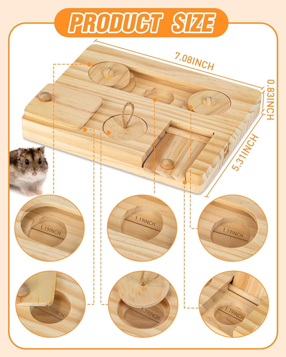Jouets 6 en 1 pour hamsters en bois d'enrichissement interactif, distributeur de friandises pour petits animaux, jouets amusants, pour lapins, chinchillas, rats et gerbilles