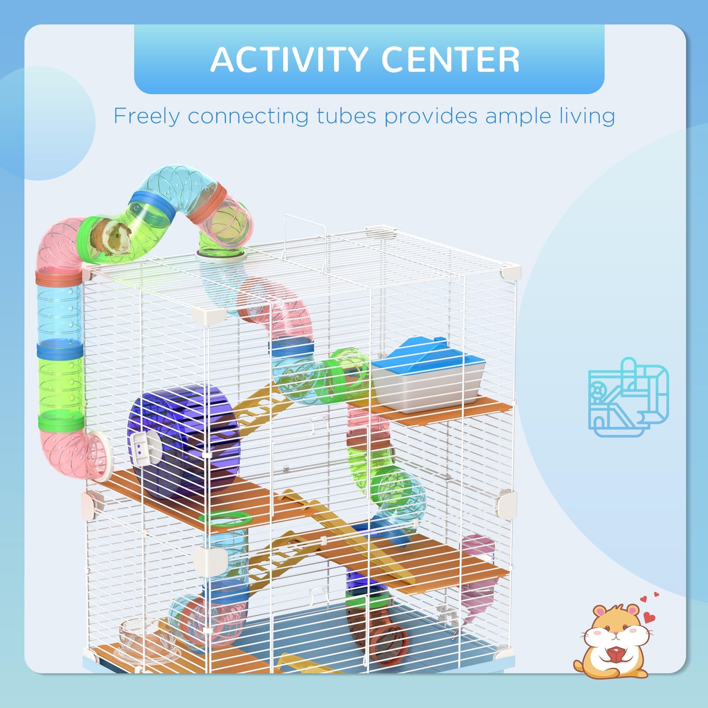 PawHut Hamster Cage, Small Animal House, 3-Level Guinea Pig Cage Gerbil Haven, Tunnel Tube System, with Water Bottle, Exercise Wheel, Food Dish, Ramps, Blue