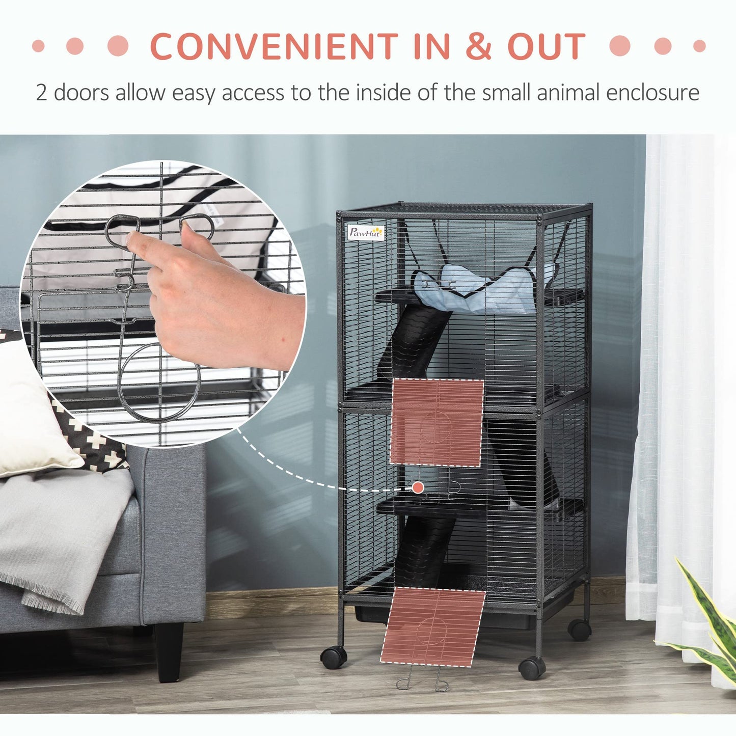 PawHut 4-Tier Rolling Small Animal Cage, Deluxe Guinea Pig Cage, Ferret Cage for Mink Chinchilla Kitten Rabbit, Small Pet Play House with Hammock Platform, Ramp, Removable Tray, Silver Grey