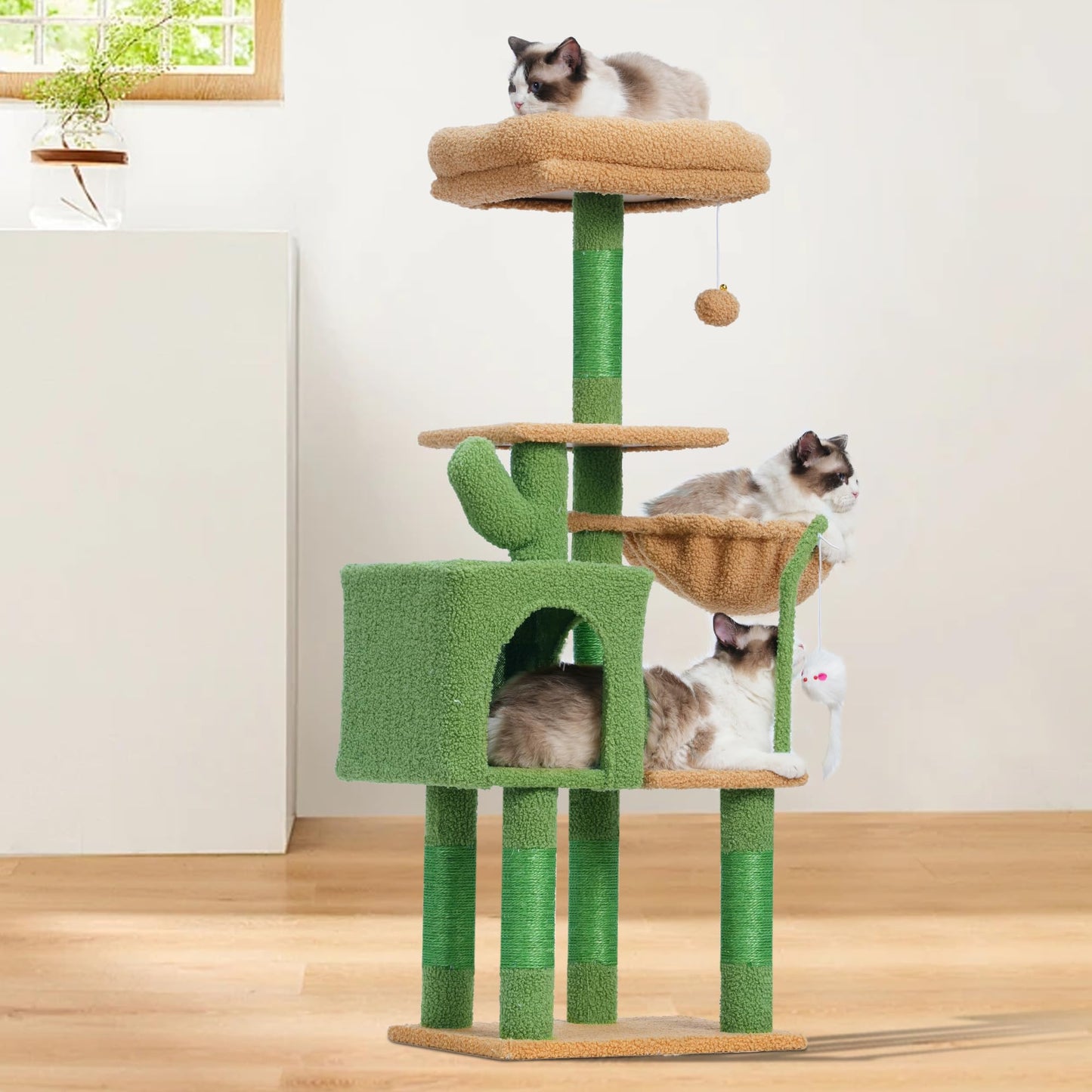 Heybly Cat Tree with Toy, Cat Tower condo for Indoor Cats, Cat House with Padded Plush Perch, Cozy Hammock and Sisal Scratching Posts, Light Gray HCT004SW
