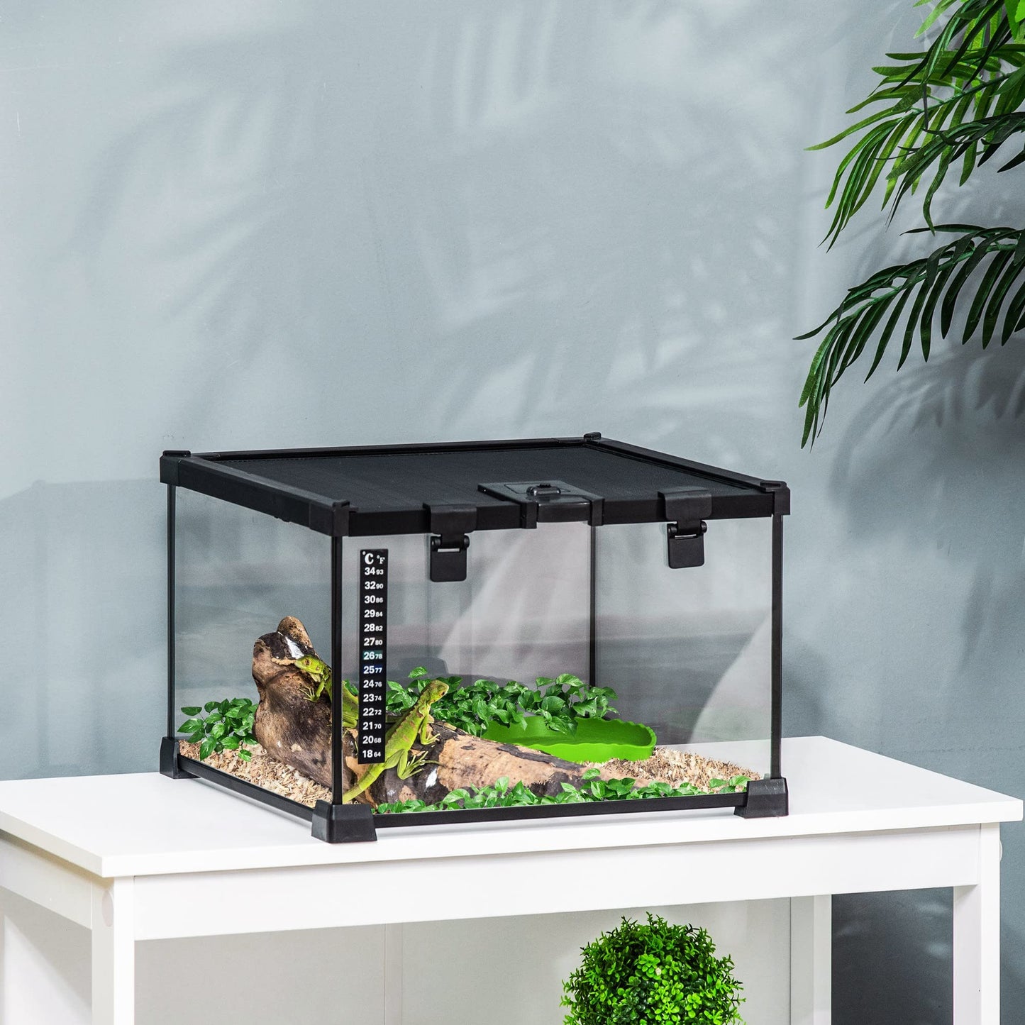 PawHut Glass Reptile Terrarium, 20"x12"x10"Jumping Spider Enclosure with Thermometer, Water Basin, Full View Visually for Lizards, Horned Frogs, Snakes, Spiders - Black - Furr-Reel