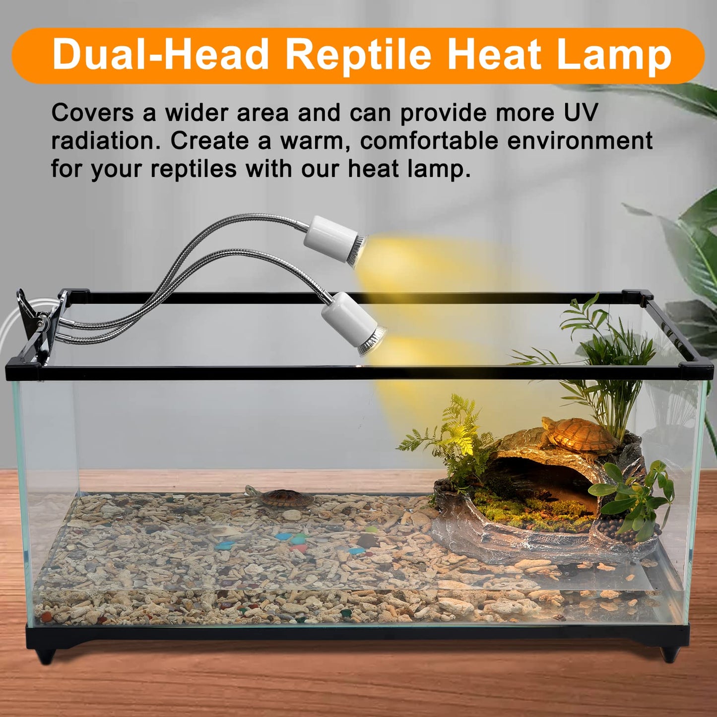 Petboda Reptile Heat Lamp, Dual Head UVA/UVB Reptile Light with Cycle Timer, Dimmable Basking Light for Turtle Tortoise Lizard Snake Bearded Dragon and More, 4 Bulbs Included (Black) - Furr-Reel