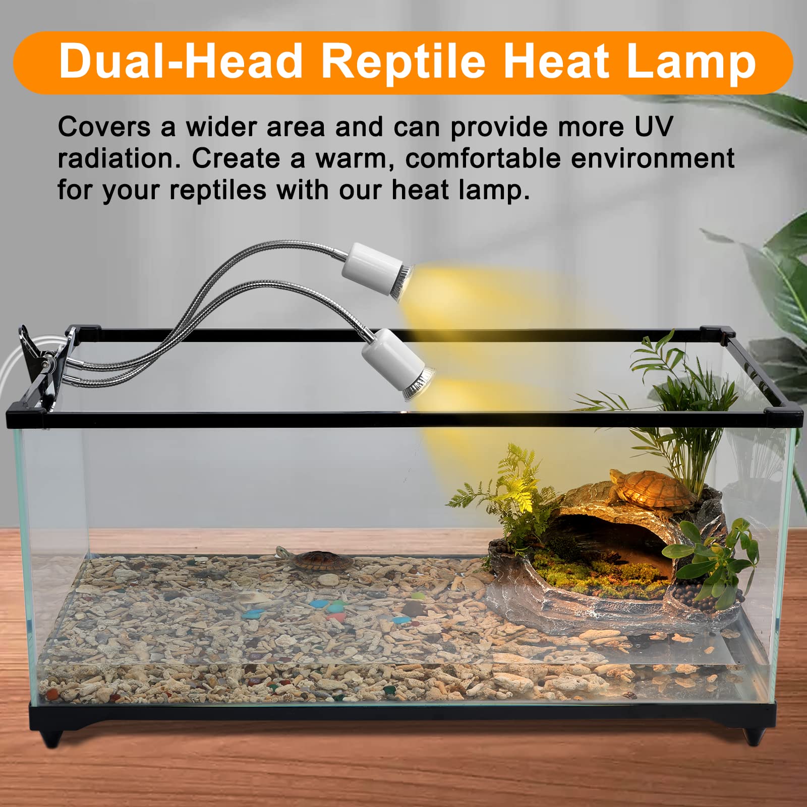 Petboda Reptile Heat Lamp, Dual Head UVA/UVB Reptile Light with Cycle Timer, Dimmable Basking Light for Turtle Tortoise Lizard Snake Bearded Dragon and More, 4 Bulbs Included (Black) - Furr-Reel