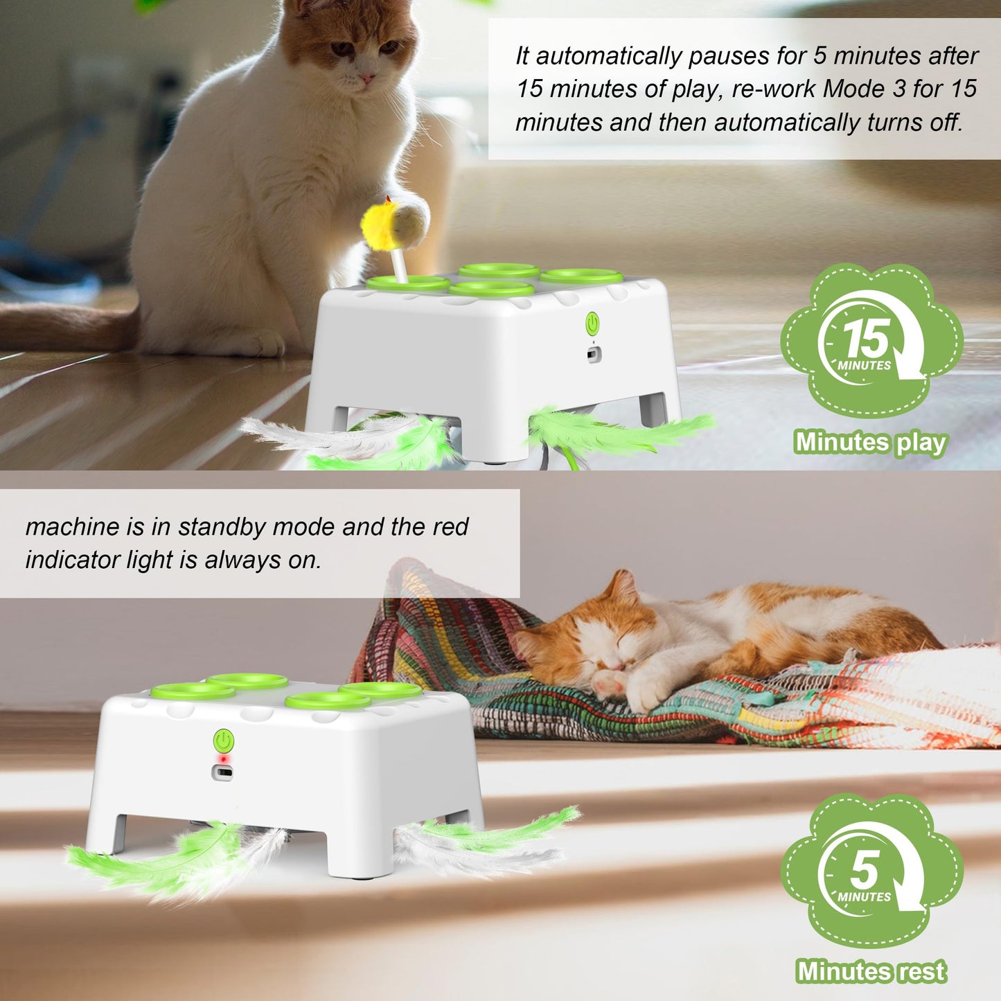 Bolpetizo Interactive Cat Toys, 2-in-1 Automatic Cat Toy, 4 Holes Mice Whack A Mole, Cat Mouse Toy with Chirping Bird Sound, Moving Feather, Portable USB Rechargeable Electronic Kitten Toy White Green