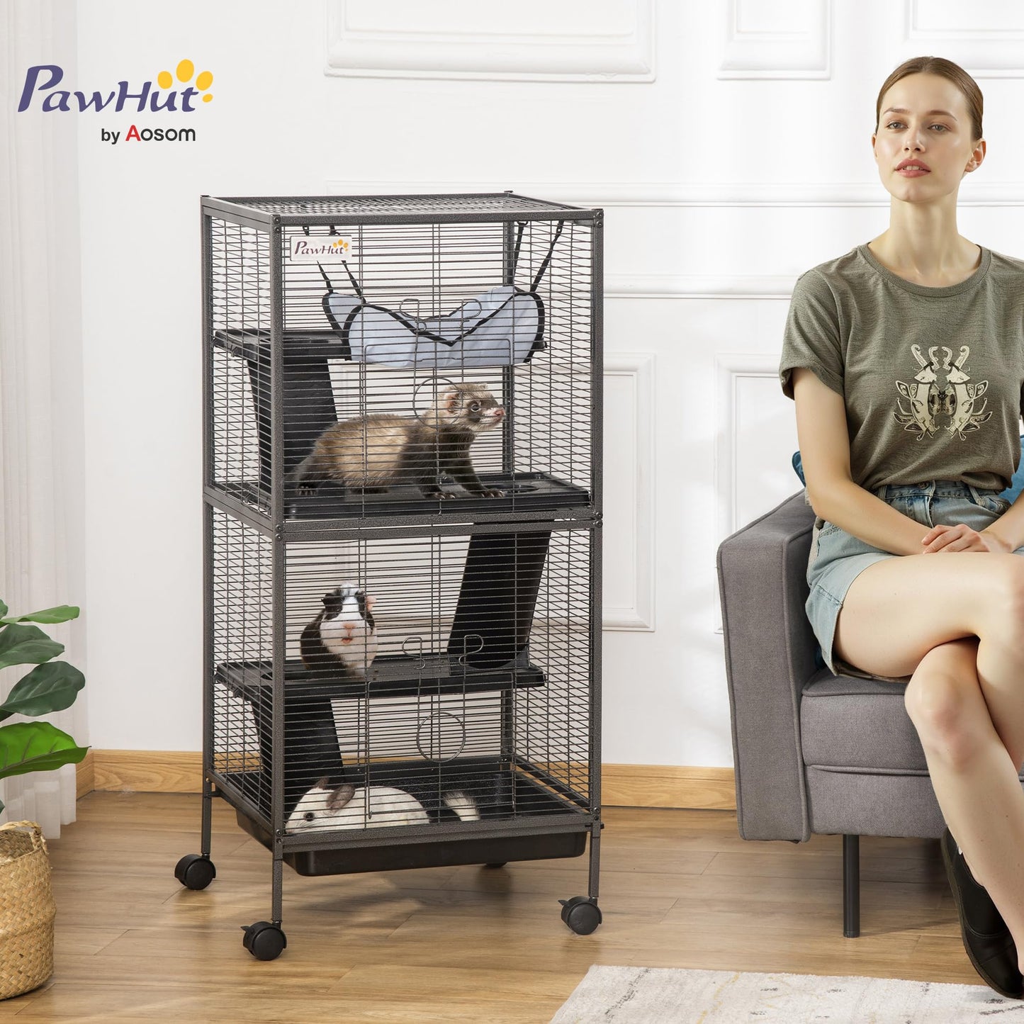 PawHut 4-Tier Rolling Small Animal Cage, Deluxe Guinea Pig Cage, Ferret Cage for Mink Chinchilla Kitten Rabbit, Small Pet Play House with Hammock Platform, Ramp, Removable Tray, Silver Grey