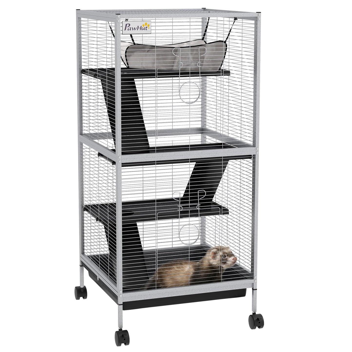 PawHut 4-Tier Rolling Small Animal Cage, Deluxe Guinea Pig Cage, Ferret Cage for Mink Chinchilla Kitten Rabbit, Small Pet Play House with Hammock Platform, Ramp, Removable Tray, Silver Grey