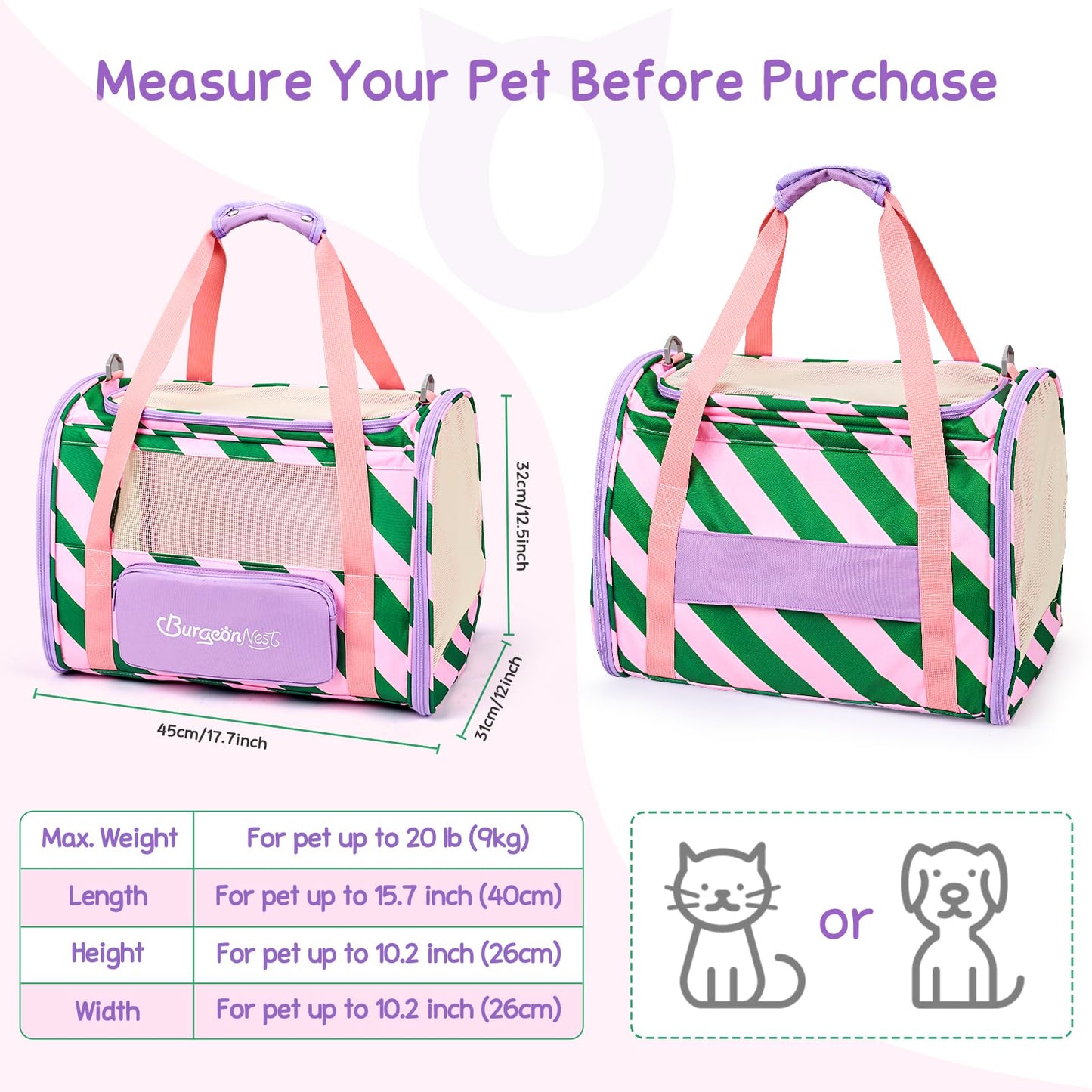 BurgeonNest Dog Carrier for Small Dogs and Large Cats Under 20 lbs, Medium Cats 25 lbs, and with Unique Side Bag,Top Load Pet Carrier Soft-Sided Escape Proof with 4 Ventilated Windows