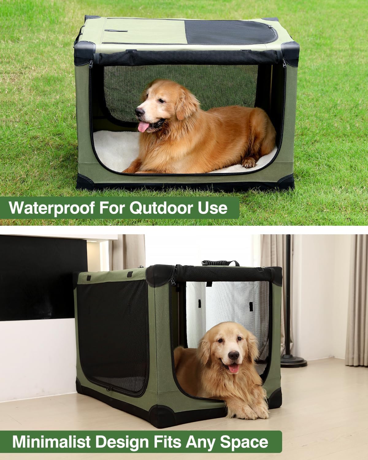 Veraste 30 Inch Collapsible Travel Dog Crate for Medium Large Dogs, Portable Dog Crate 4-Door Foldable Soft Kennel with Chew-Proof Mesh Windows for Indoor & Outdoor, with Storage Bag（Green）