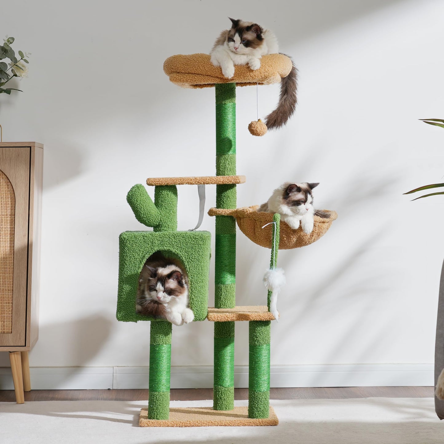 Heybly Cat Tree with Toy, Cat Tower condo for Indoor Cats, Cat House with Padded Plush Perch, Cozy Hammock and Sisal Scratching Posts, Light Gray HCT004SW