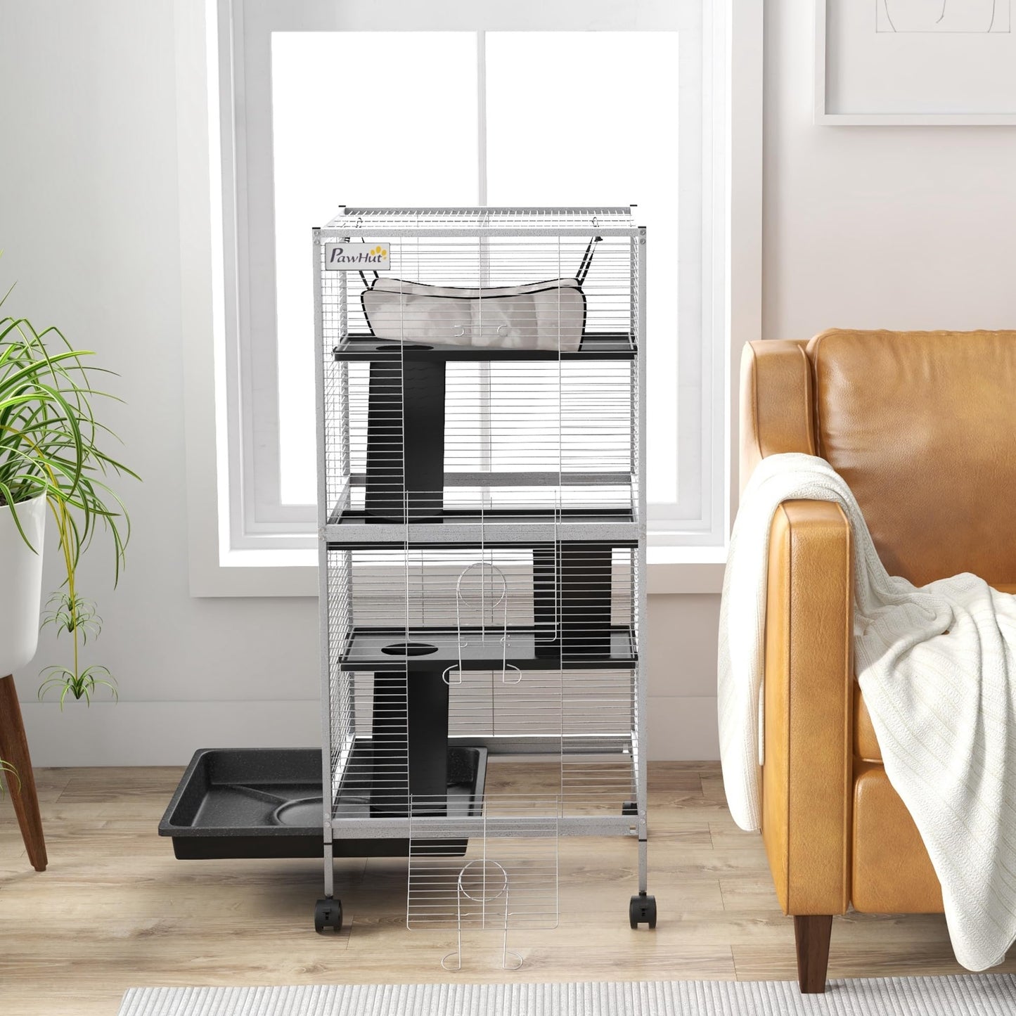 PawHut 4-Tier Rolling Small Animal Cage, Deluxe Guinea Pig Cage, Ferret Cage for Mink Chinchilla Kitten Rabbit, Small Pet Play House with Hammock Platform, Ramp, Removable Tray, Silver Grey