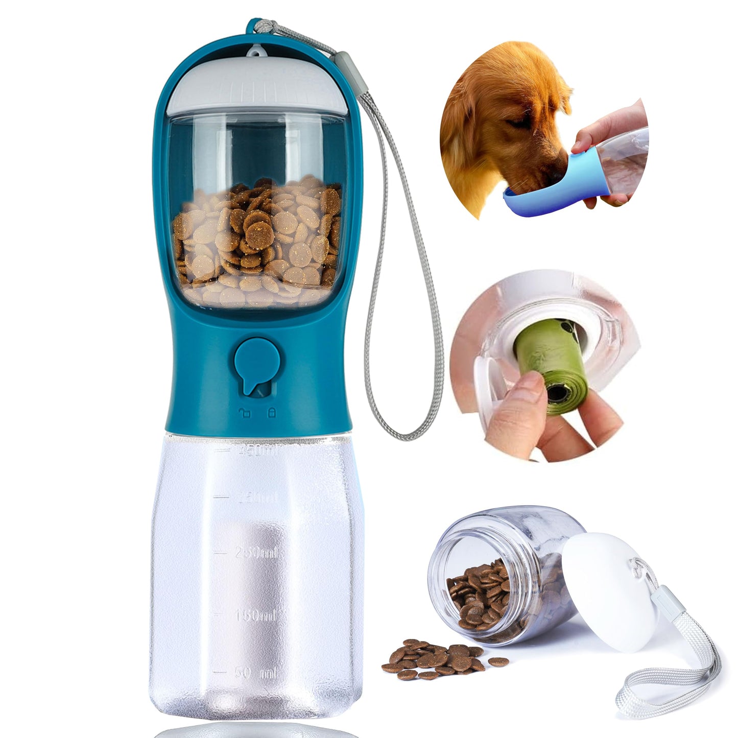 AVELORA Dog Water Bottle with Food Container, Portable Pet Dog Water Dispenser for Outdoor Walking,Hiking,Travel,Puppy Essentials,Puppy Supplies,Replaceable Waste Bags