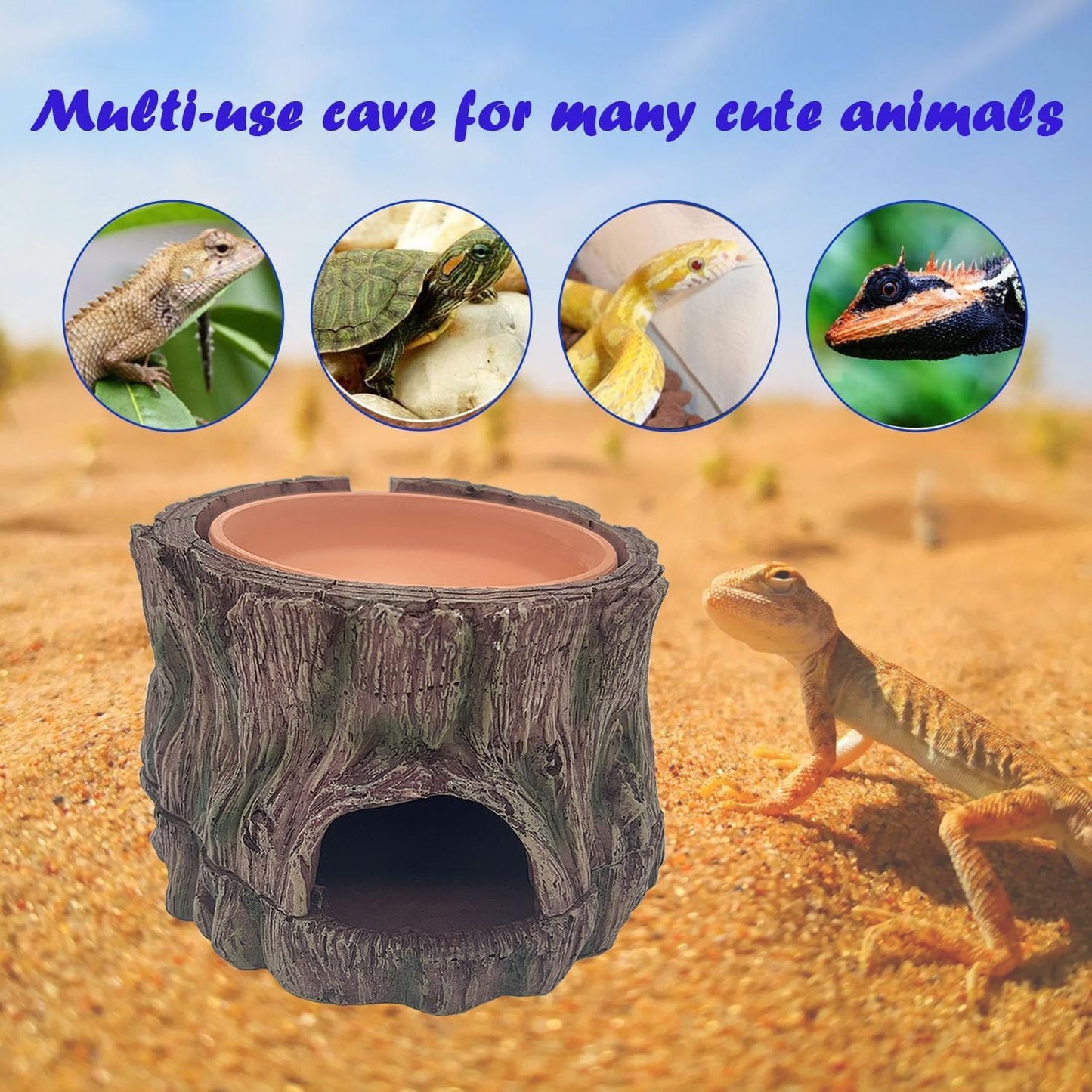 3 in 1 Reptile Hide Cave with Detachable Base & Humidity Dish for Bearded Dragon, Tank Terrarium Decor Humid Hideout for Small Reptiles Crested Gecko, Leopard, Lizard, Snake, Crabs (Hideout 3 in 1)