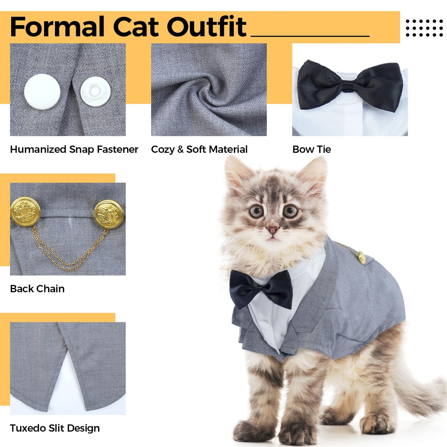 DENTRUN Cat Tuxedo Outfit, Sphynx Cat Costume Formal Suit with Bow Tie, Stylish Cat Shirt Fashion Apparel Fancy Clothes, Kitten Formal Attire Wedding Onesie Costume for Cats Only
