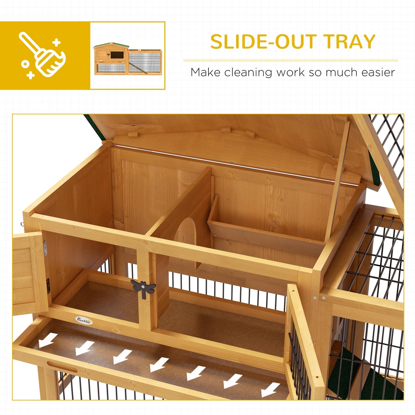 PawHut Solid Wood Rabbit Hutch Bunny Cage Pet Guinea Pig House Outdoor Small Animal Habitat w/Ramp, Weather-Resistant Asphalt Openable Roof, Pull-Out Tray, Dark Grey