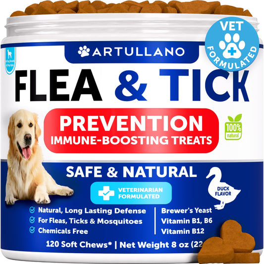 Flea and Tick Prevention for Dogs Chewables - Natural Flea Treatment Control - Supplement for Large & Small Dogs with Vitamins - Immune Support Chews - Puppy Pest Defense Oral Pills - 120 Soft Treats