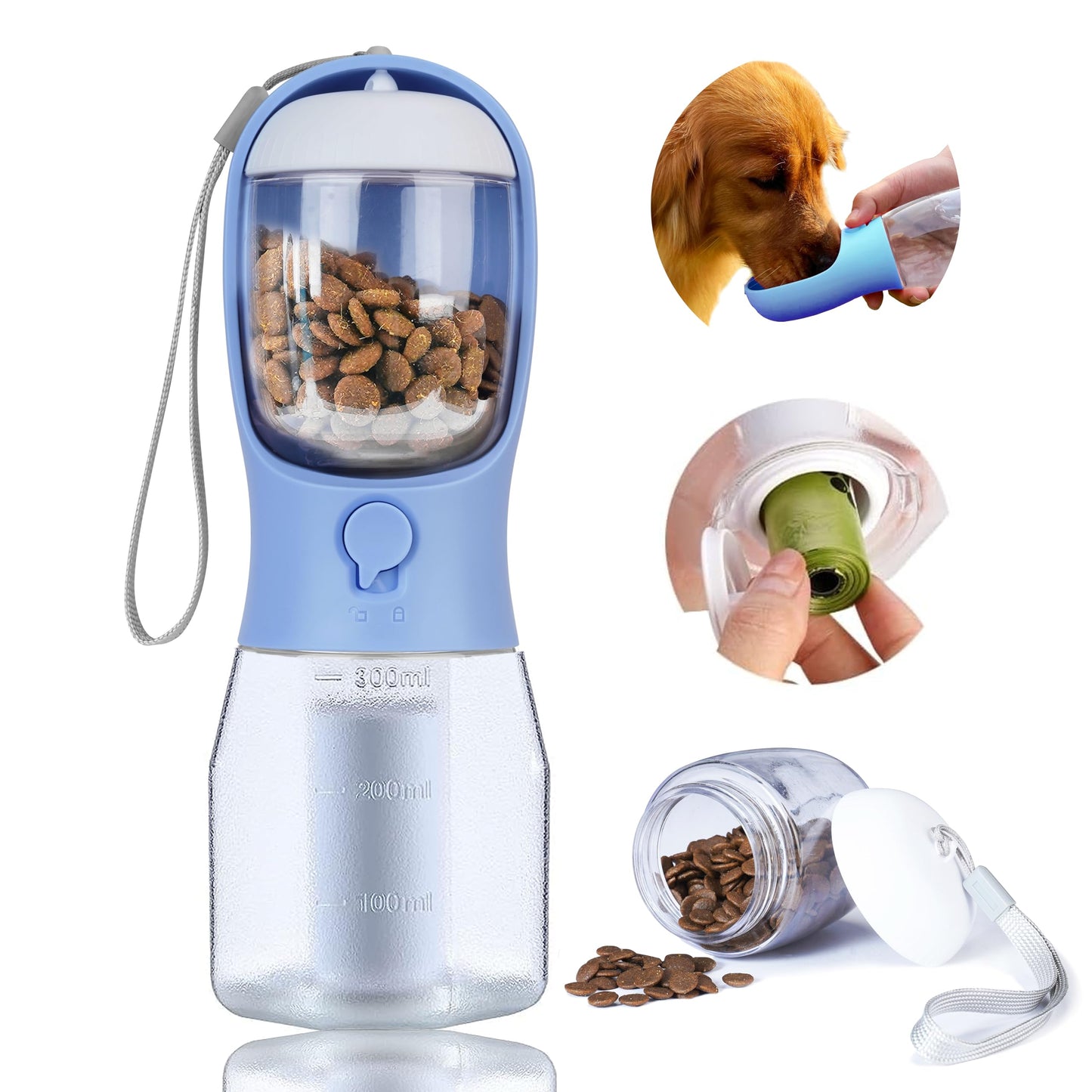 AVELORA Dog Water Bottle with Food Container, Portable Pet Dog Water Dispenser for Outdoor Walking,Hiking,Travel,Puppy Essentials,Puppy Supplies,Replaceable Waste Bags