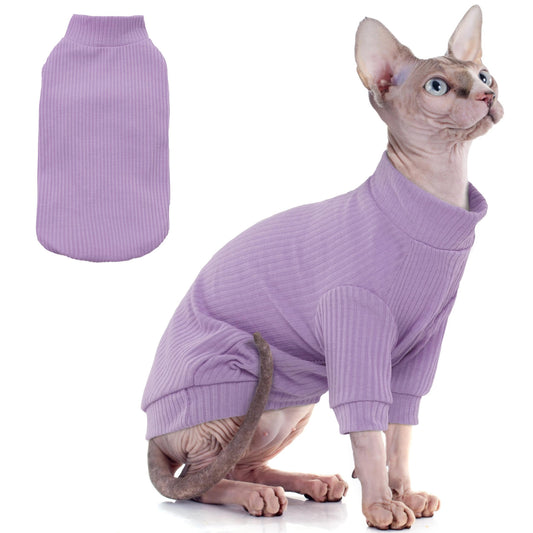 PUMYPOREITY Sphynx Cat Clothes - Soft Hairless Shirt With Sleeves, Stretchy Sweater, Pullover Pajamas Jumpsuit, Turtleneck Outfit for Sphynx Cornish Rex, Devon Rex - Rainbow, XS