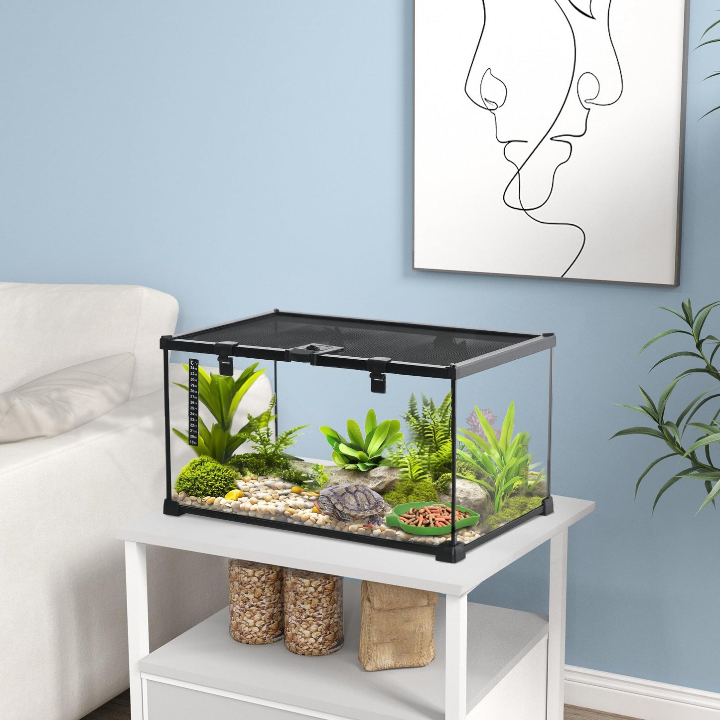 PawHut Glass Reptile Terrarium, 20"x12"x10"Jumping Spider Enclosure with Thermometer, Water Basin, Full View Visually for Lizards, Horned Frogs, Snakes, Spiders - Black - Furr-Reel