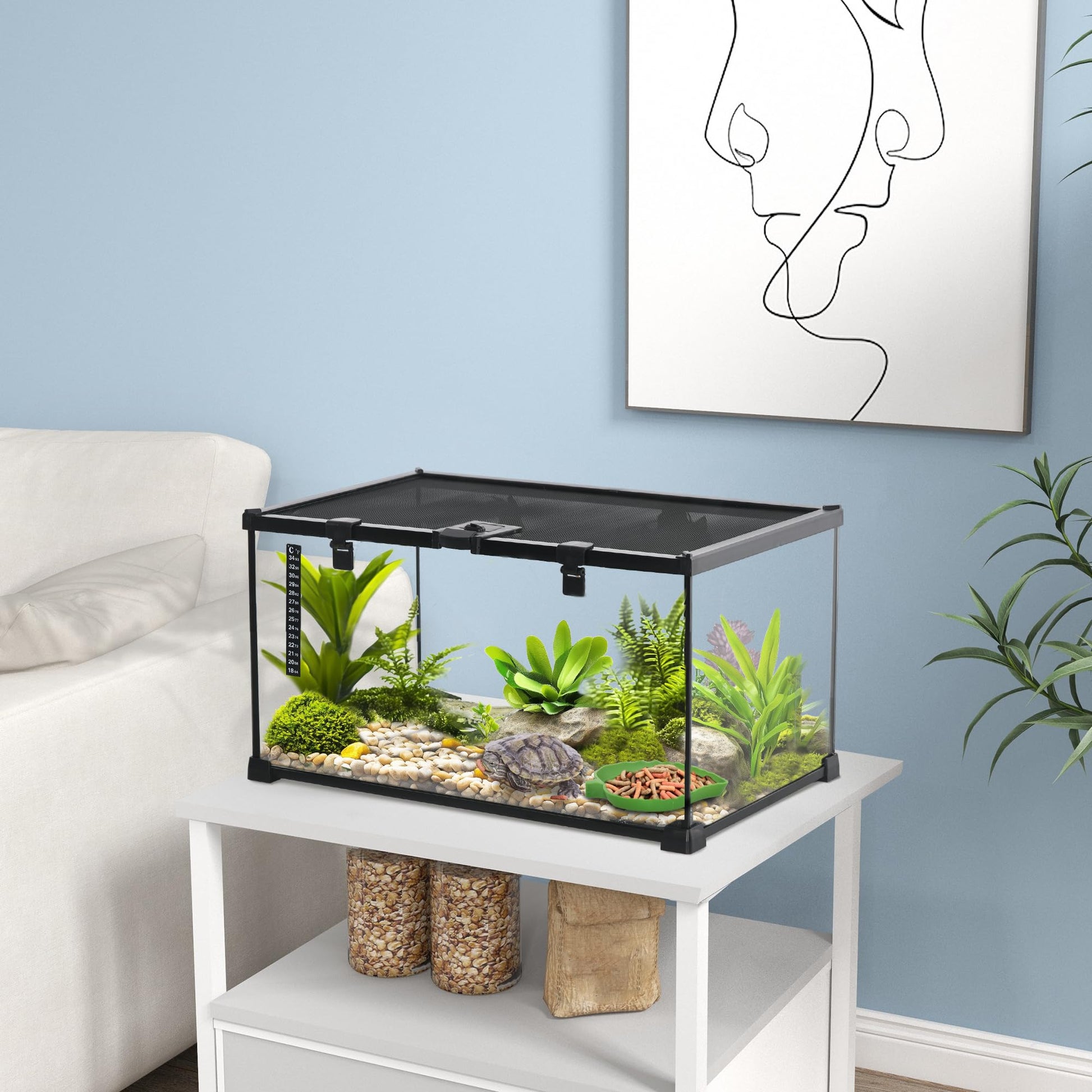 PawHut Glass Reptile Terrarium, 20"x12"x10"Jumping Spider Enclosure with Thermometer, Water Basin, Full View Visually for Lizards, Horned Frogs, Snakes, Spiders - Black - Furr-Reel