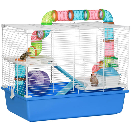 PawHut Hamster Cage, Small Animal House, 3-Level Guinea Pig Cage Gerbil Haven, Tunnel Tube System, with Water Bottle, Exercise Wheel, Food Dish, Ramps, Blue