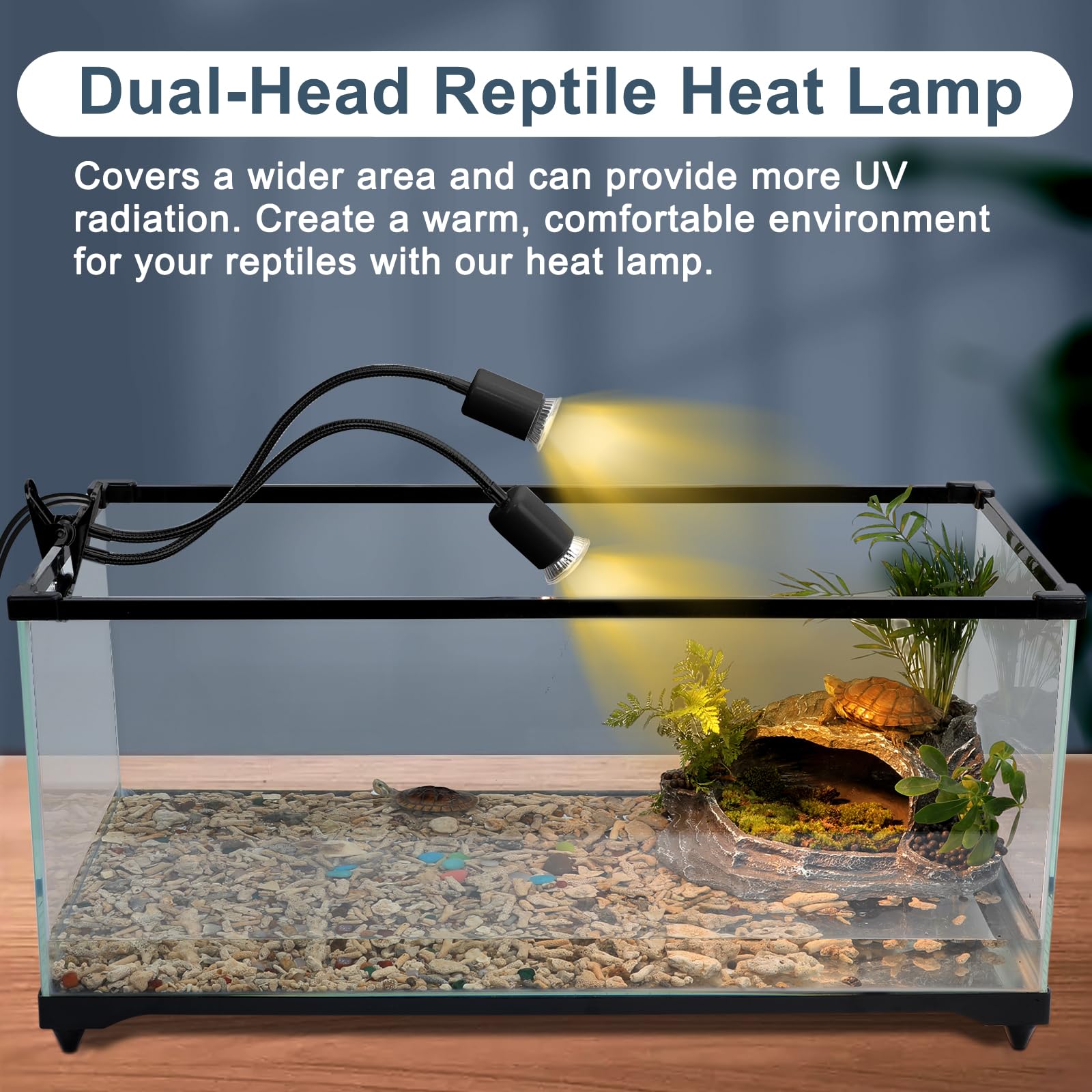 Petboda Reptile Heat Lamp, Dual Head UVA/UVB Reptile Light with Cycle Timer, Dimmable Basking Light for Turtle Tortoise Lizard Snake Bearded Dragon and More, 4 Bulbs Included (Black) - Furr-Reel