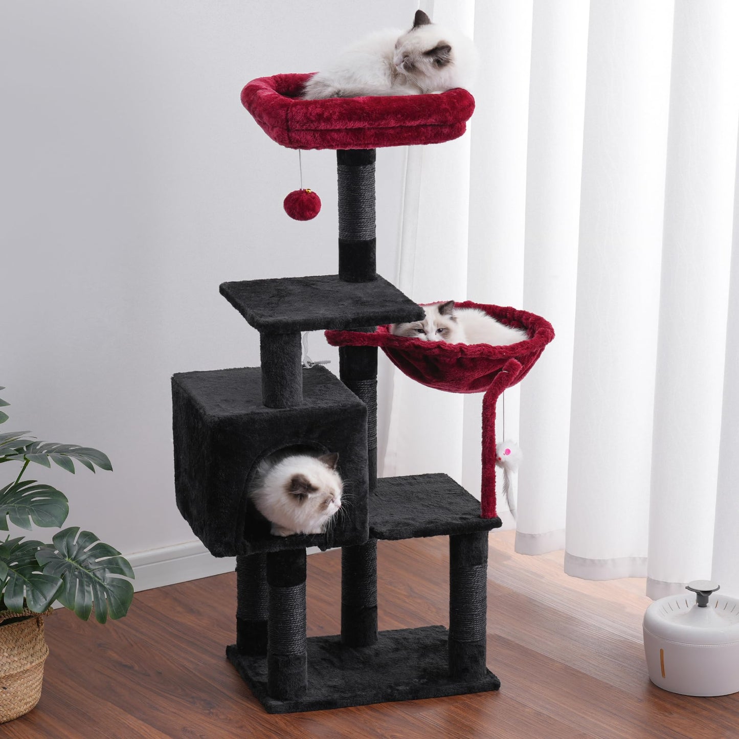 Heybly Cat Tree with Toy, Cat Tower condo for Indoor Cats, Cat House with Padded Plush Perch, Cozy Hammock and Sisal Scratching Posts, Light Gray HCT004SW