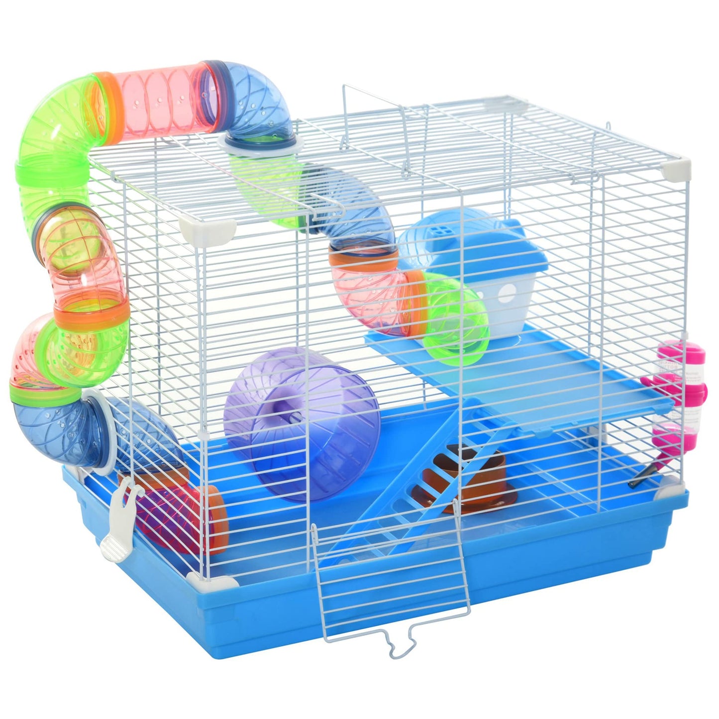 PawHut Hamster Cage, Small Animal House, 3-Level Guinea Pig Cage Gerbil Haven, Tunnel Tube System, with Water Bottle, Exercise Wheel, Food Dish, Ramps, Blue