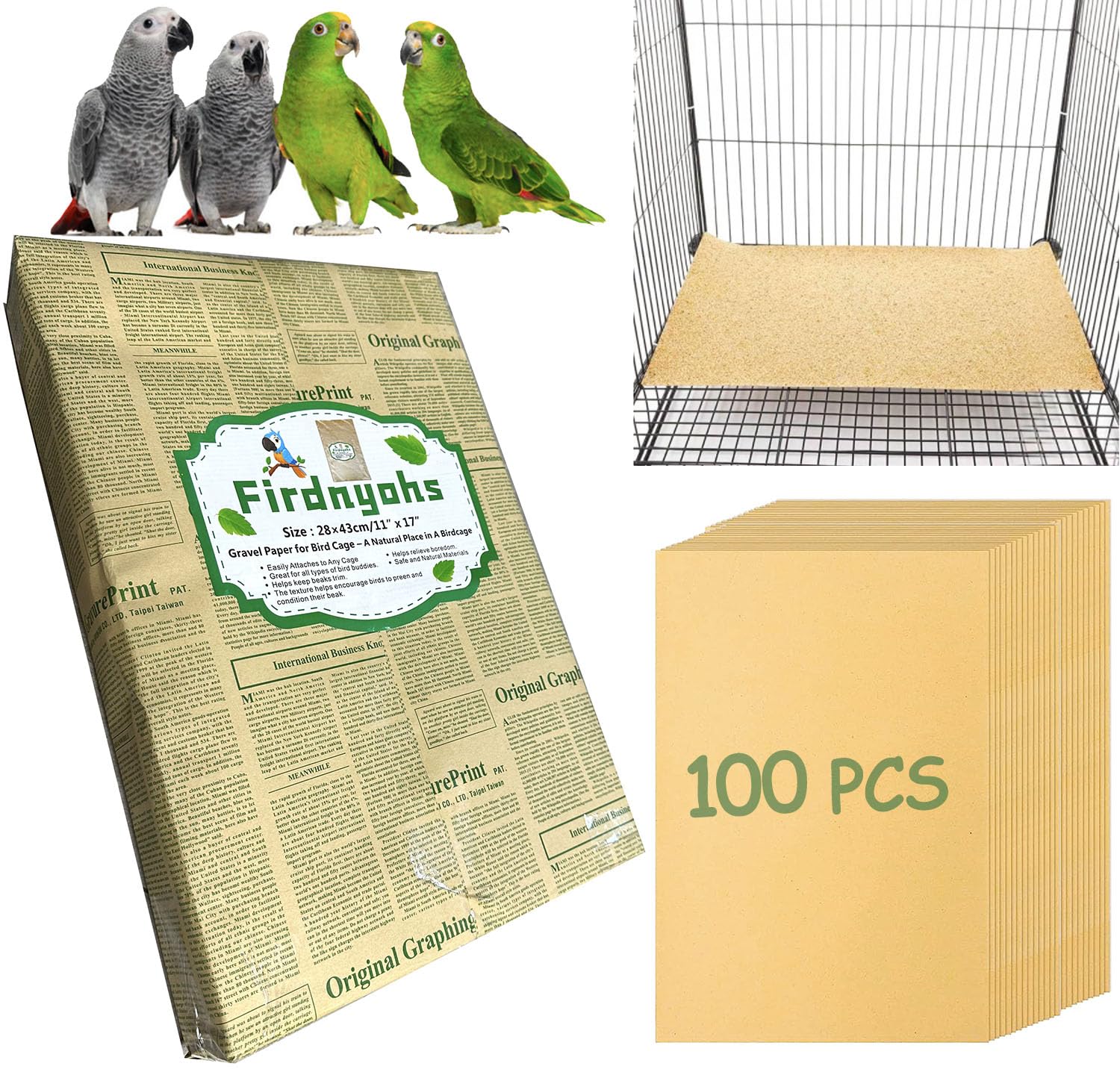 20PCS Gravel Paper for Bird Cage,11x17 Inch Bird cage Liner Gravel Paper Special for Bird Cage in sea Sand-Great for Hard-Billed Birds Safe& Clean & Easy for Improved Digestion…