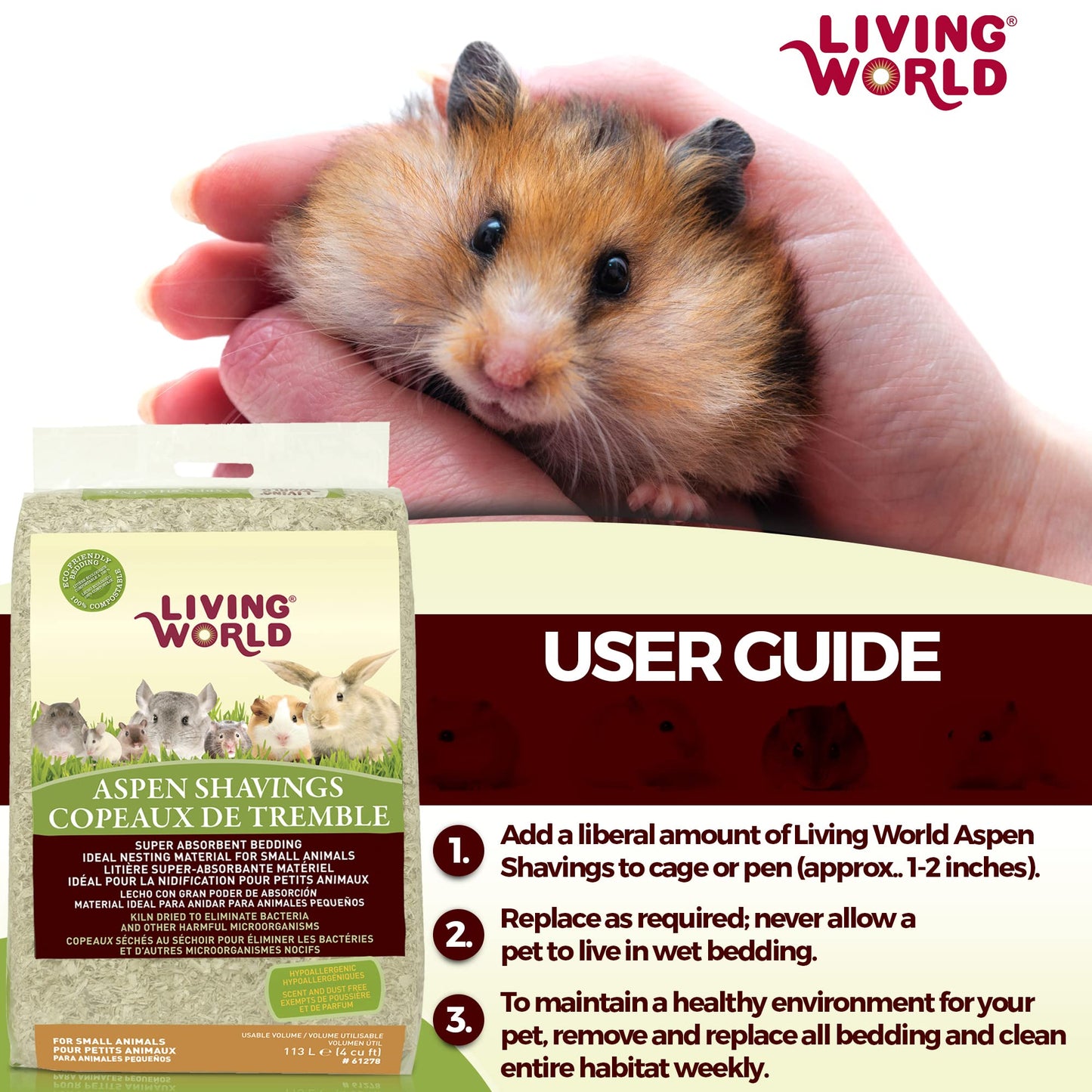Living World Aspen Wood Shavings for Small Animals, Bedding & Nesting Material, 1200 Cubic Inches