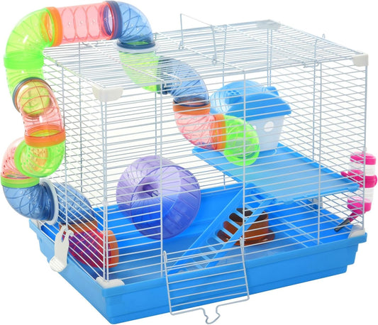 PawHut Cage pour hamster, petit animal - 45,7 cm de long - 2 niveaux - Avec système de tube tunnel - Roue d'exercice - Bouteille d'eau - Gamelle - Rampe - Bleu