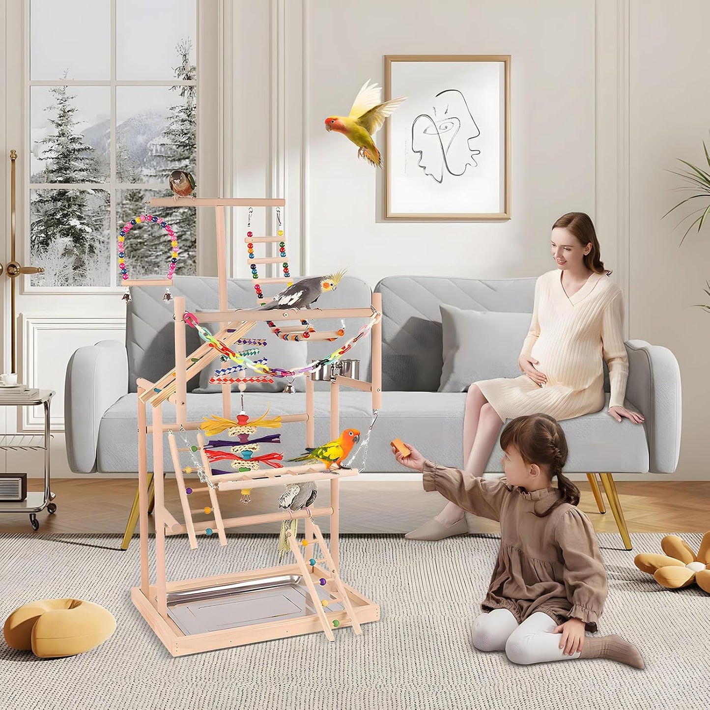 Bird Playground, Bird Stand, Pet Bird Parrot Playground, 4 Layers Pet Parrot Playstand with Exercise Toys Swings Feeder Cups, Bird Play Stand Wood Perch Gym Playpen Ladder for Cockatiel Parakeet Furr-Reel
