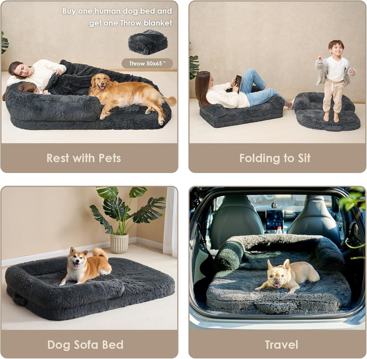 EHEYCIGA Foldable XXL Dog Bed, 54"x38"x7.5" Memory Foam Orthopedic Dog Couch for Extra Large Dogs, Calming Waterproof Pet Sofa with Washable Cover, Human Dog Bed for Kids, Dark Grey - Furr-Reel