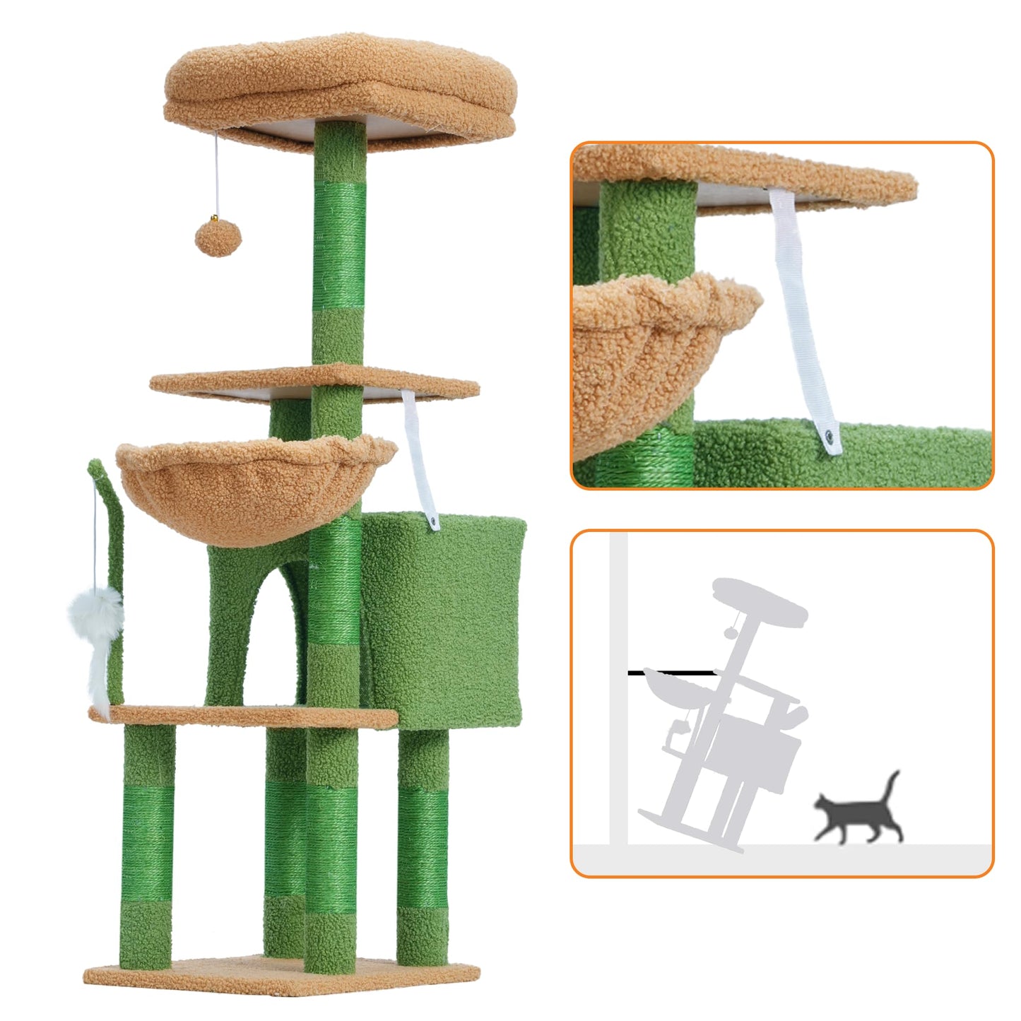 Heybly Cat Tree with Toy, Cat Tower condo for Indoor Cats, Cat House with Padded Plush Perch, Cozy Hammock and Sisal Scratching Posts, Light Gray HCT004SW