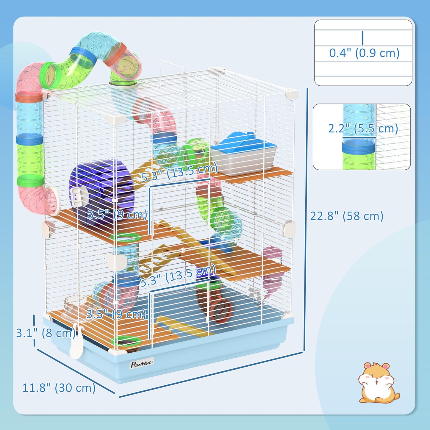 PawHut Hamster Cage, Small Animal House, 3-Level Guinea Pig Cage Gerbil Haven, Tunnel Tube System, with Water Bottle, Exercise Wheel, Food Dish, Ramps, Blue